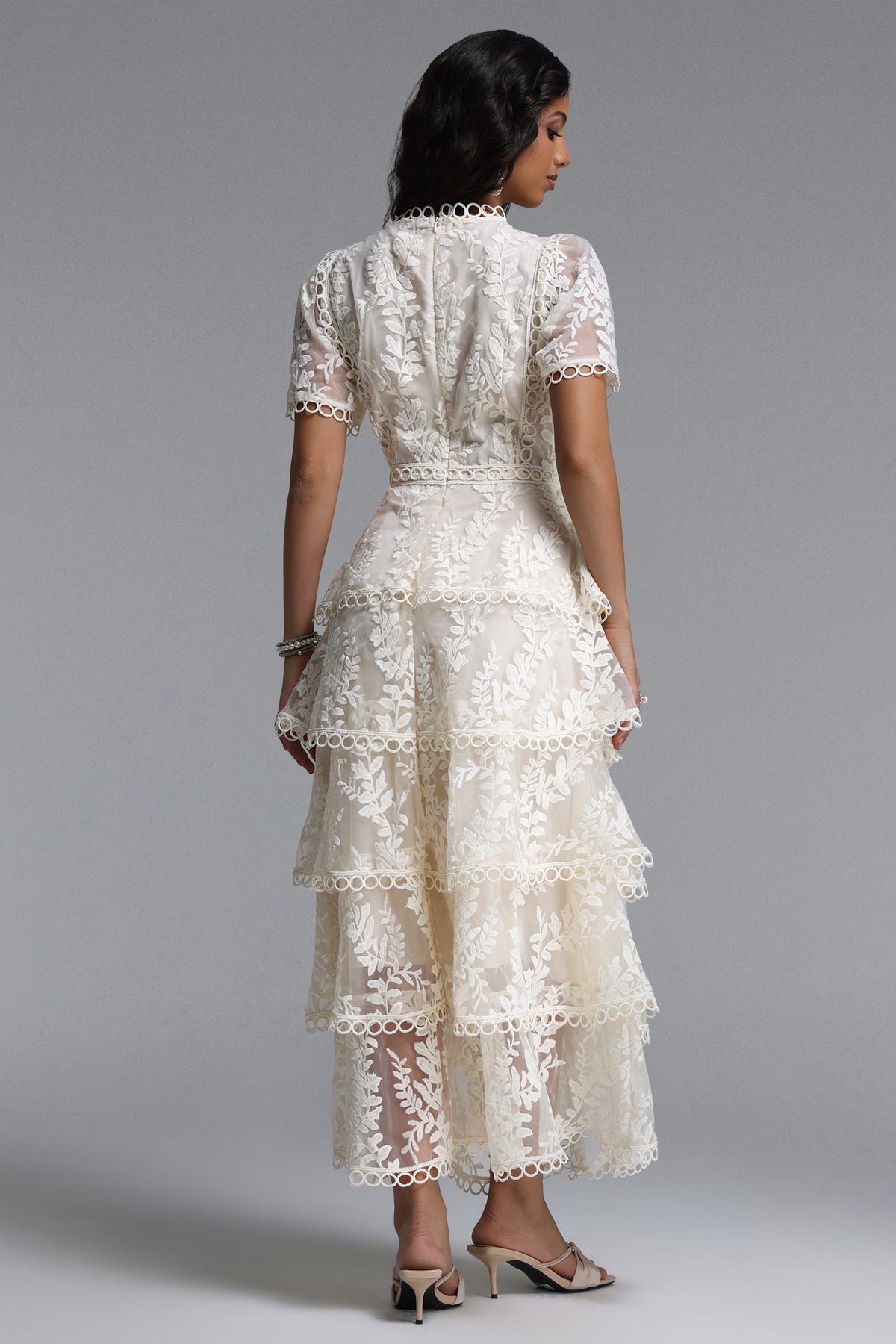 Yedda Flowy Round Neck Short Sleeve Floral Embroidered Woven Maxi Dress
