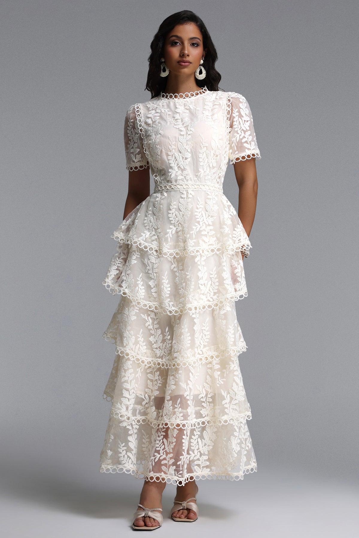 Yedda Flowy Round Neck Short Sleeve Floral Embroidered Woven Maxi Dress