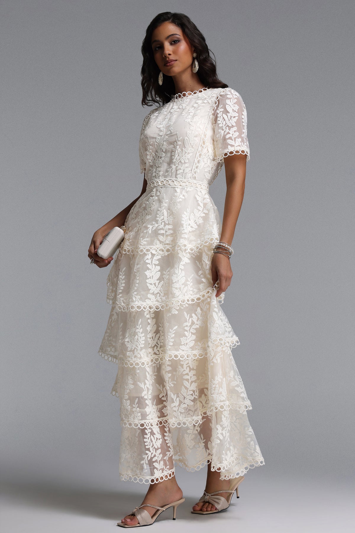 Yedda Flowy Round Neck Short Sleeve Floral Embroidered Woven Maxi Dress
