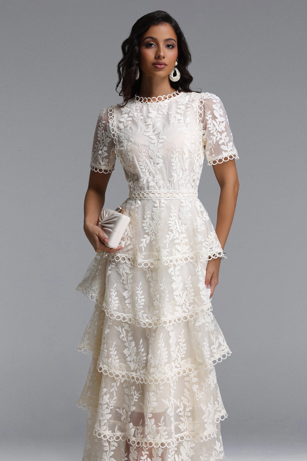 Yedda Resort Flowy Round Neck Short Sleeve Floral Embroidered Woven Maxi Dress