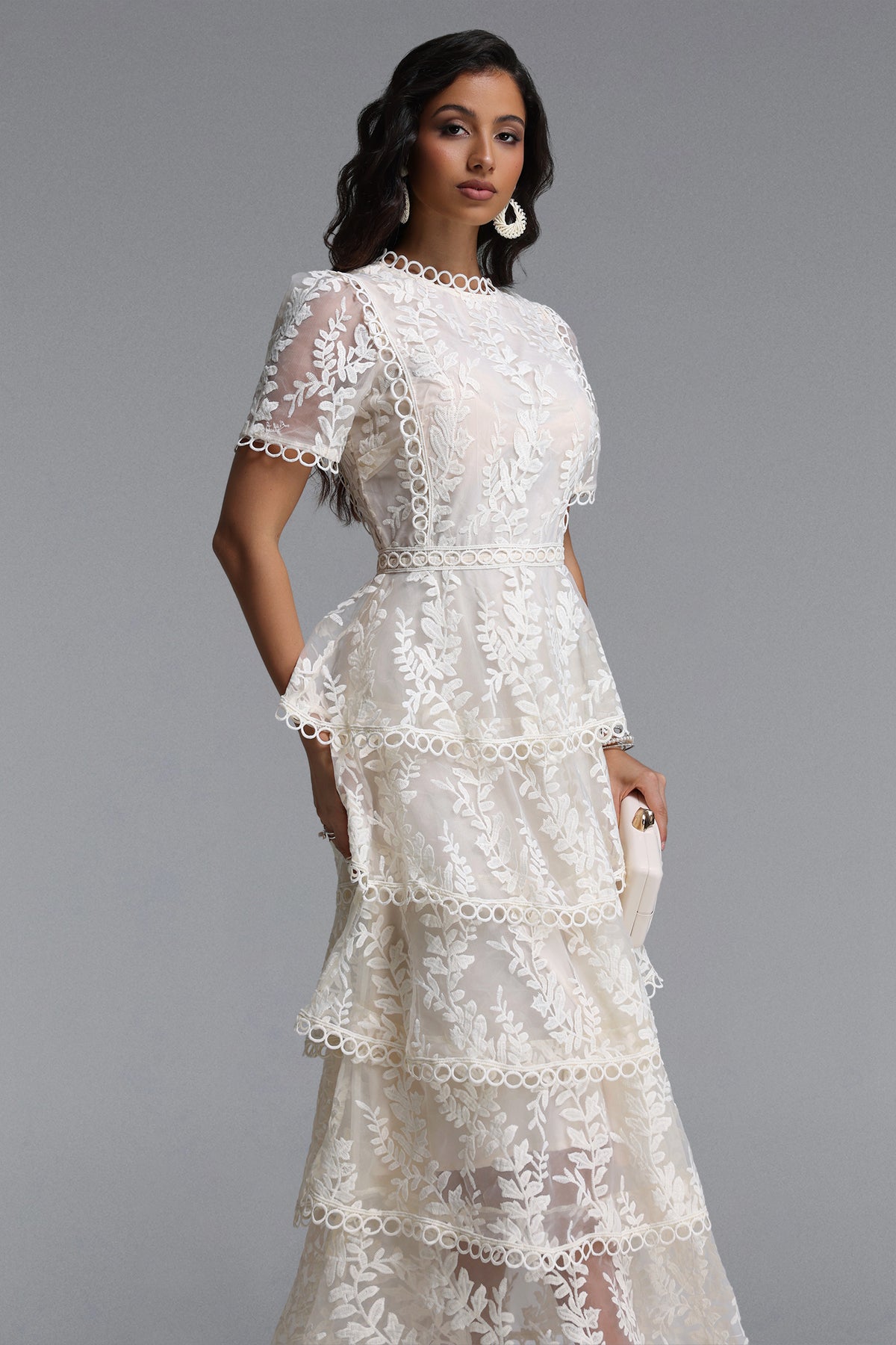 Yedda Flowy Round Neck Short Sleeve Floral Embroidered Woven Maxi Dress