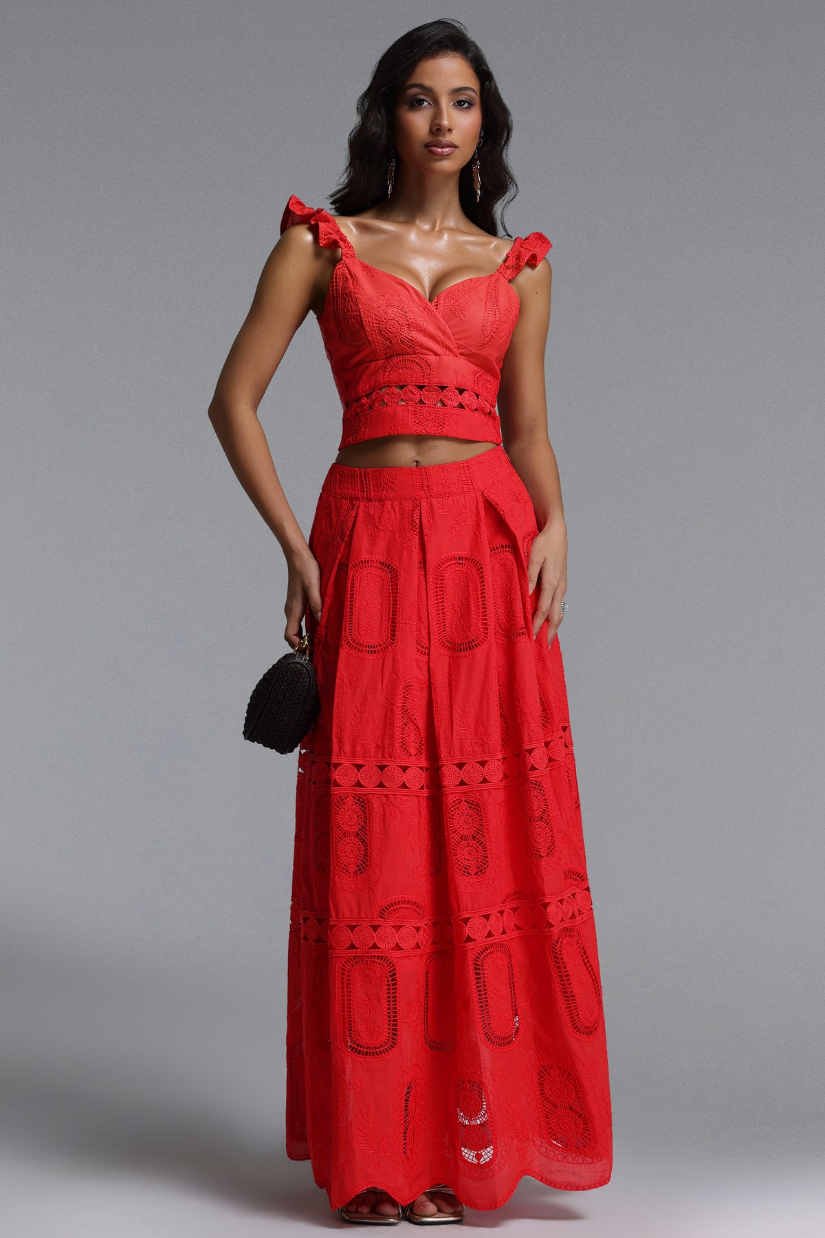 Lali Flowy V Neck Sleeveless Ruffle Woven Top and Skirt Two-Piece Set