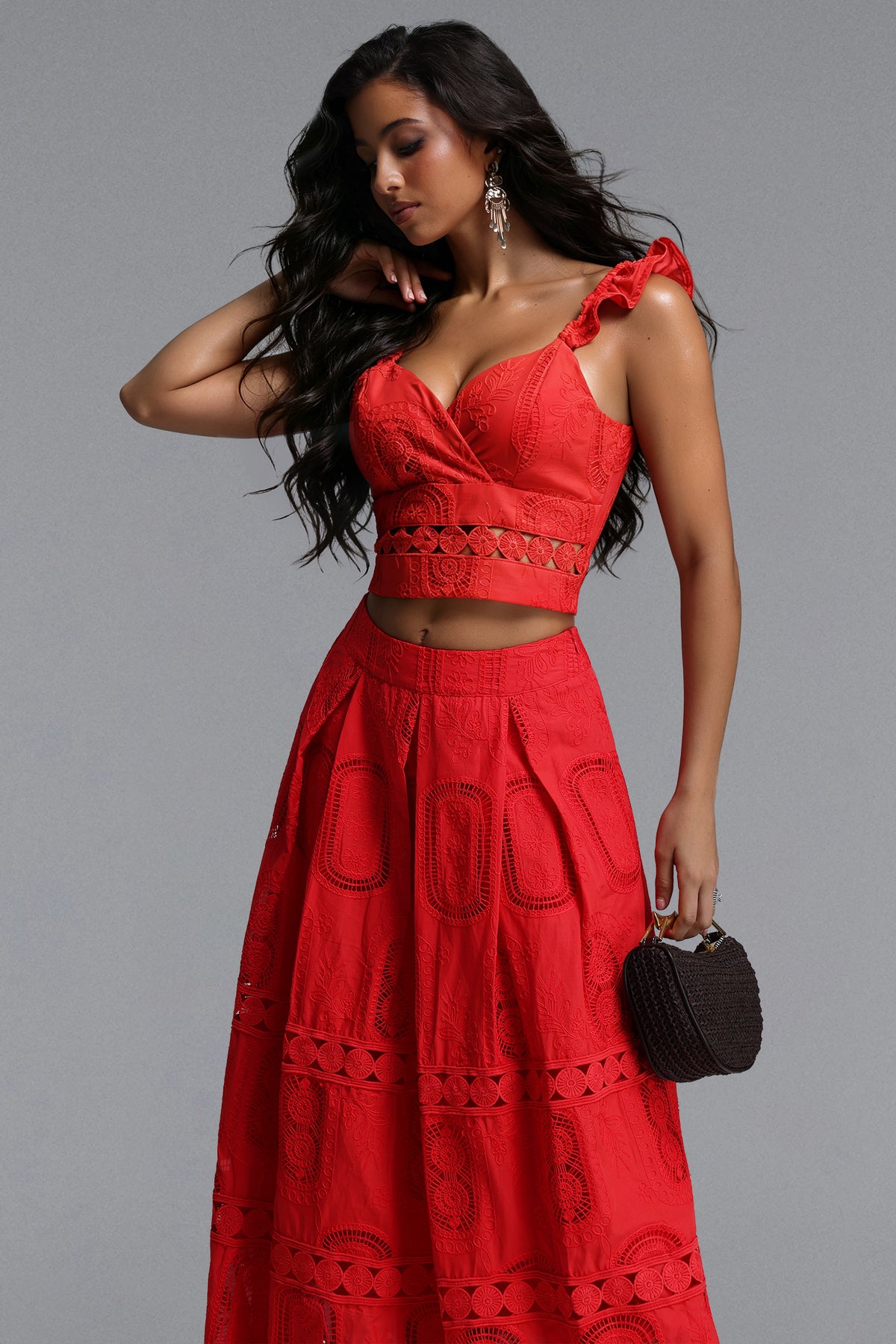 Lali Flowy V Neck Sleeveless Ruffle Woven Top and Skirt Two-Piece Set
