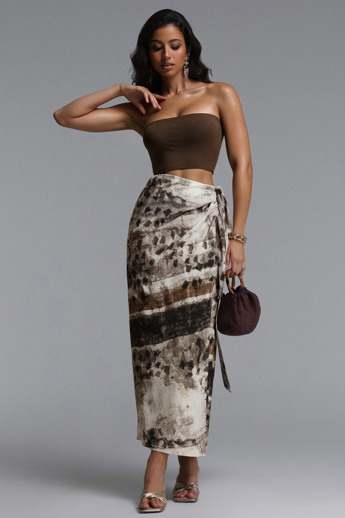 Zavan Flowy Sleeveless Knit Top And Print Woven Skirt Two-Piece Set