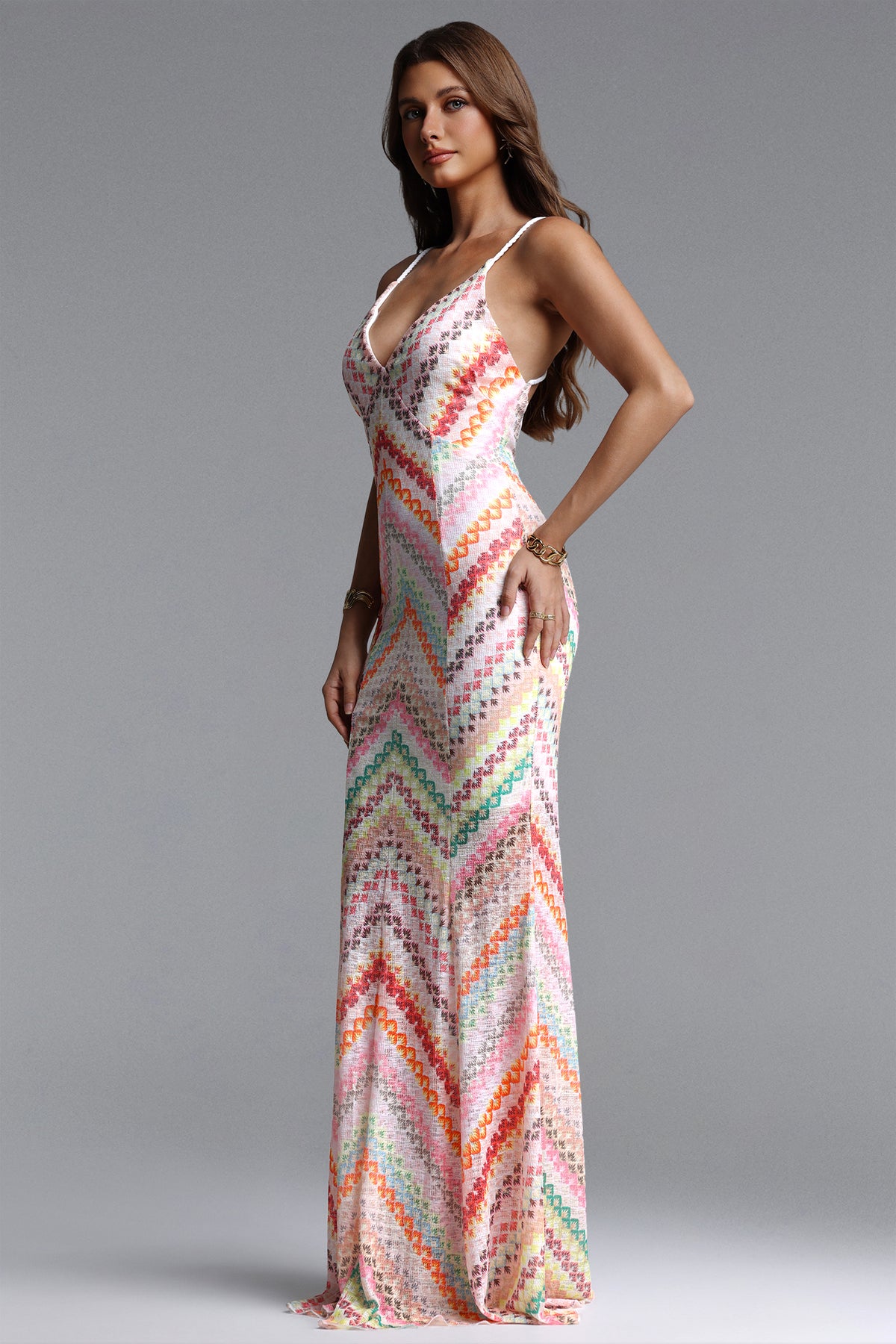Salama V Neck Sleeveless Print Woven Maxi Dress