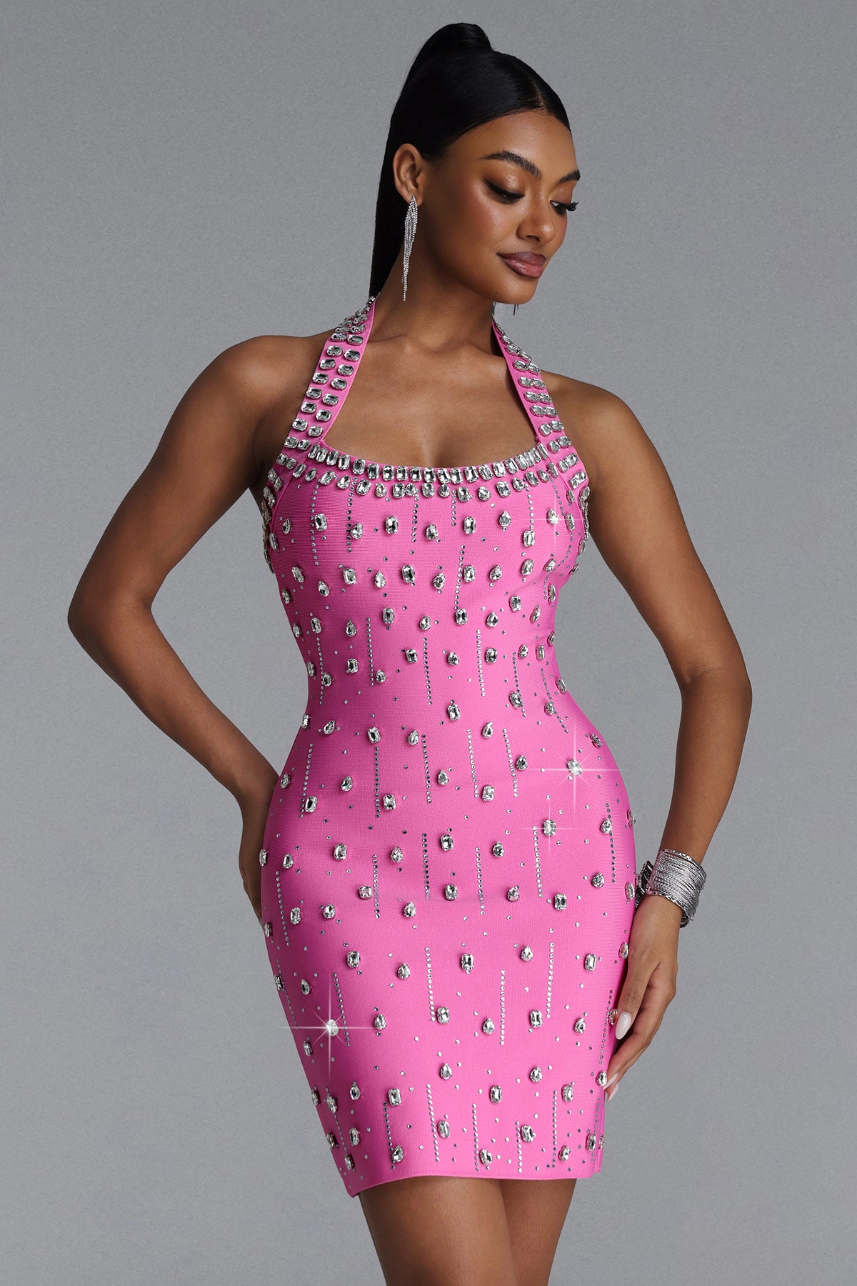 Manik Halter Rhinestone Bandage Mini Dress – Pink