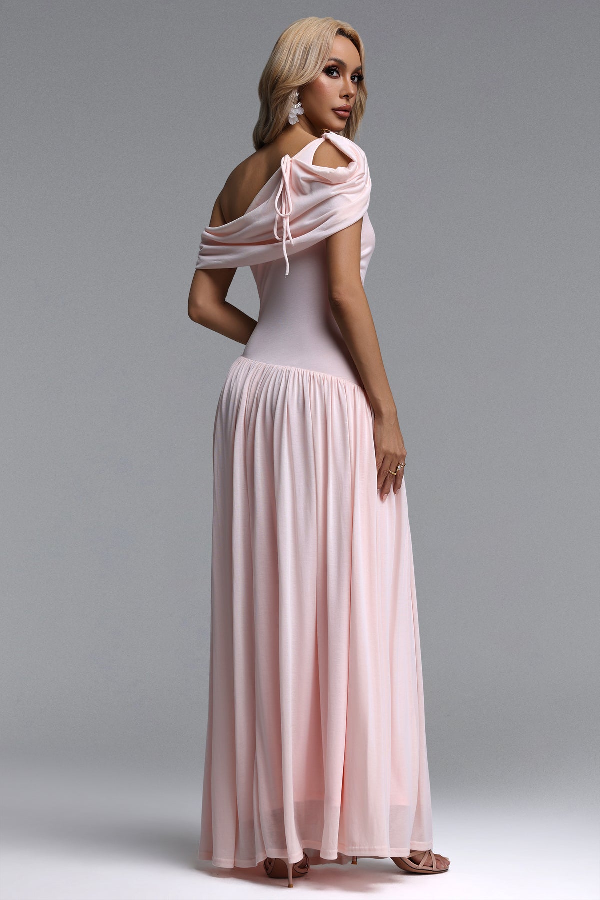Salina Sleeveless Asymmetric Cut Out Ruched Knit Maxi Dress – Pink