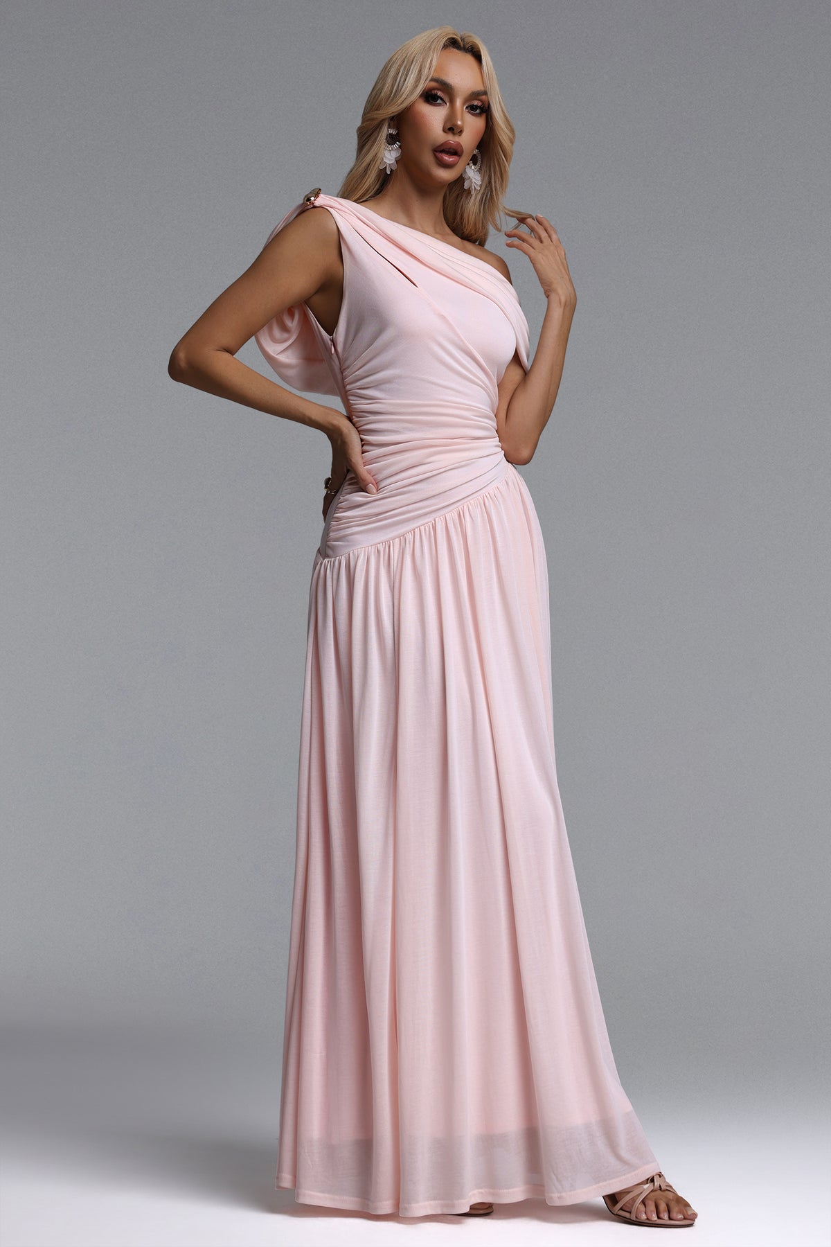 Salina Sleeveless Asymmetric Cut Out Ruched Knit Maxi Dress – Pink