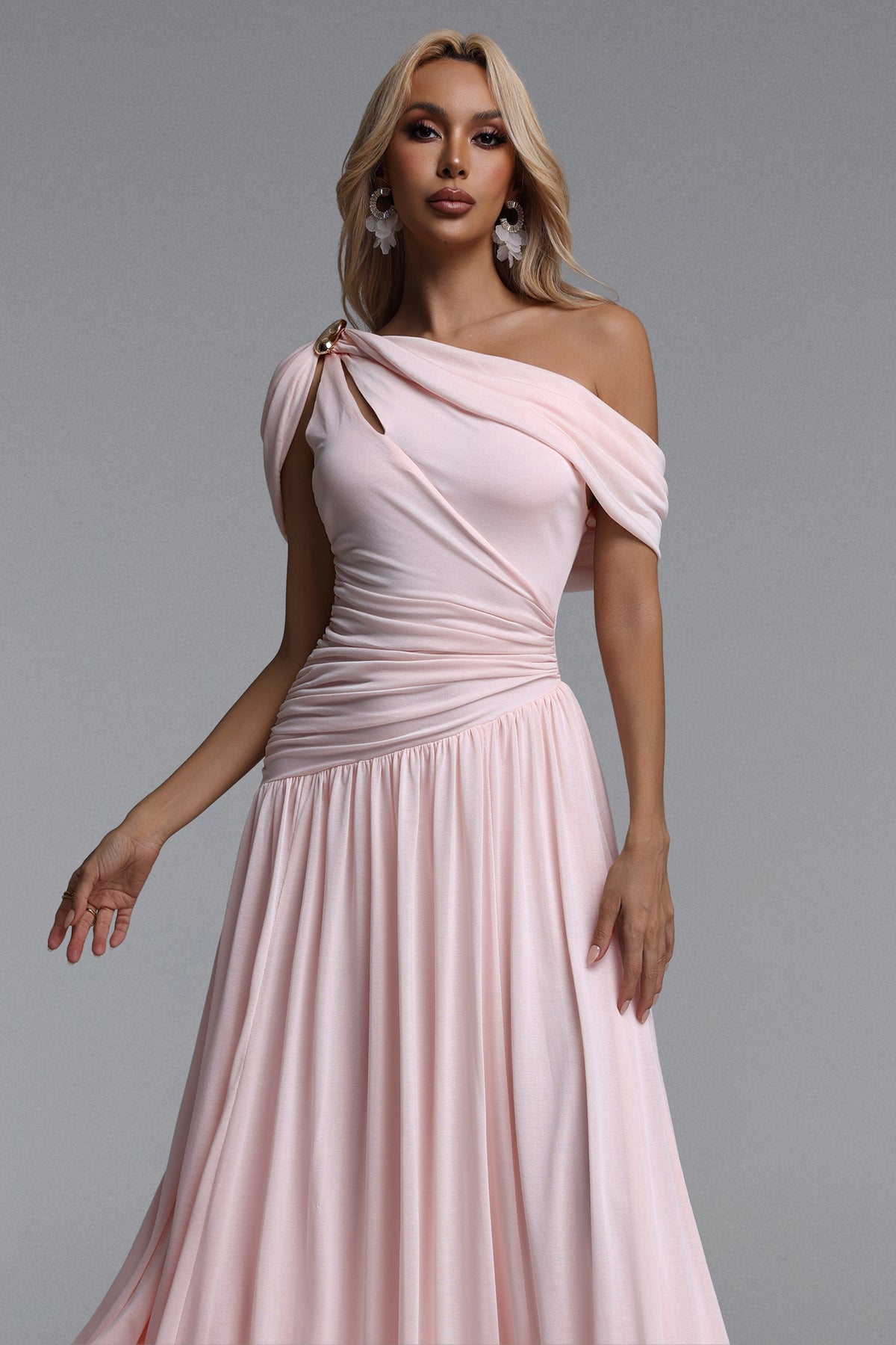 Salina Sleeveless Asymmetric Cut Out Ruched Knit Maxi Dress – Pink