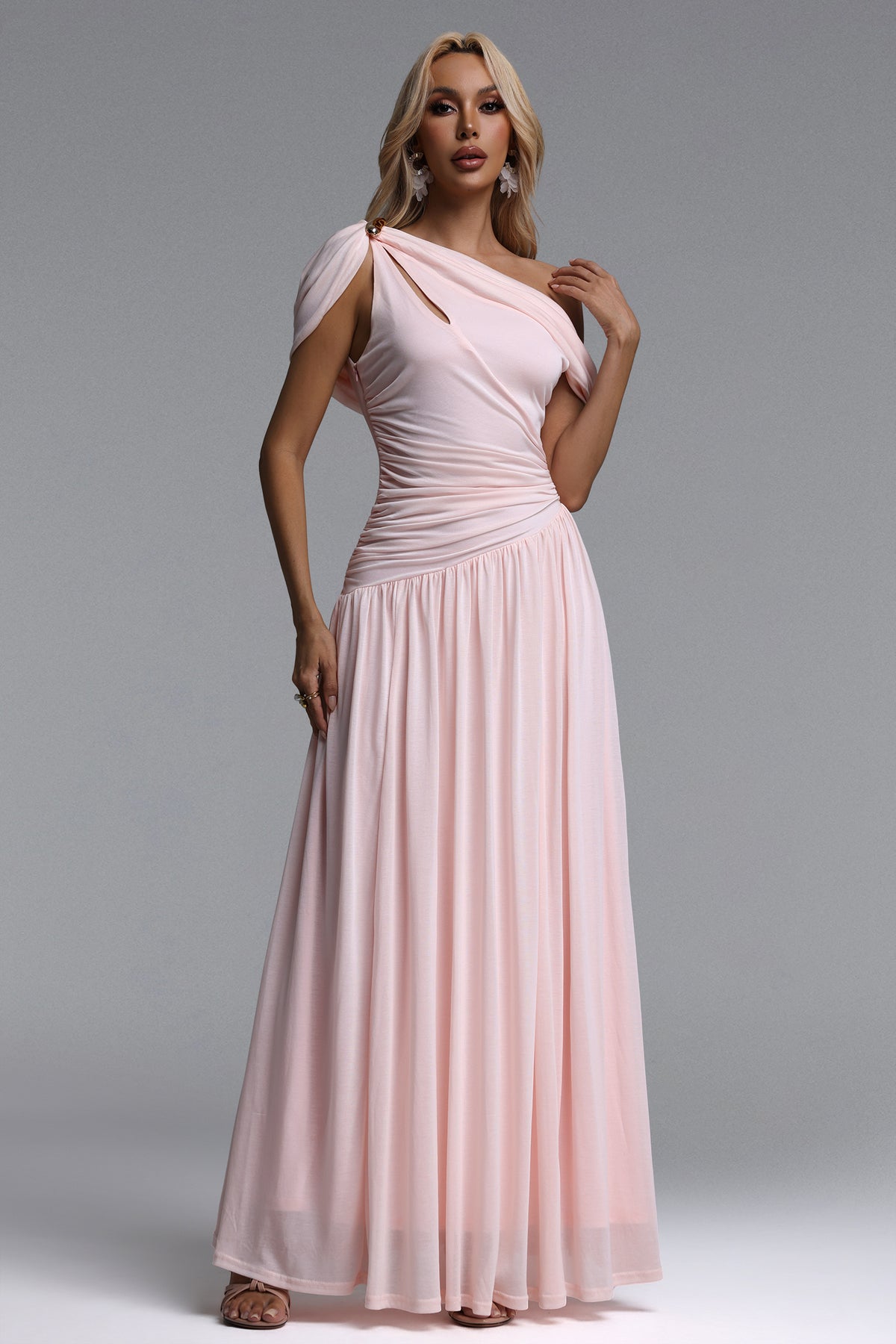 Salina Sleeveless Asymmetric Cut Out Ruched Knit Maxi Dress – Pink