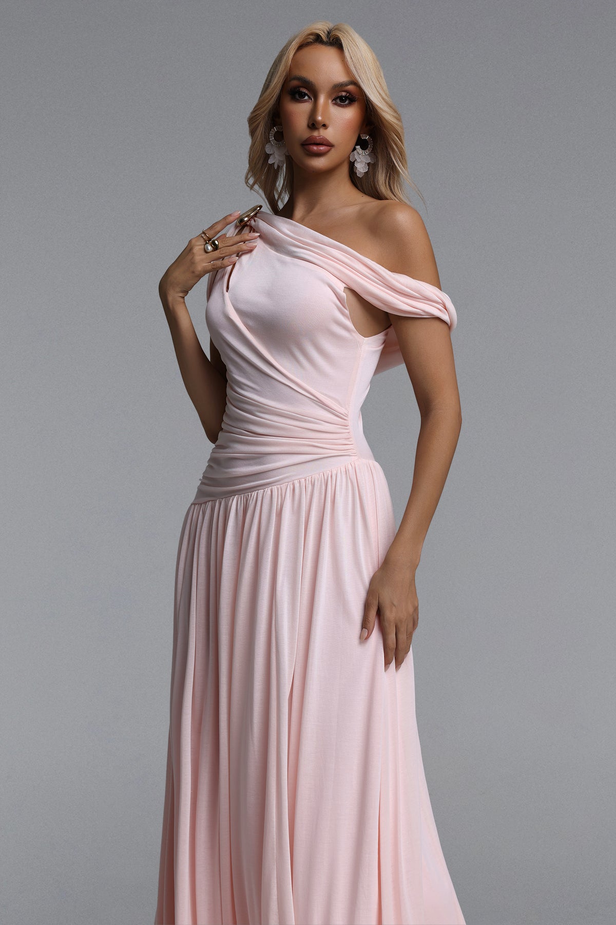 Salina Sleeveless Asymmetric Cut Out Ruched Knit Maxi Dress – Pink