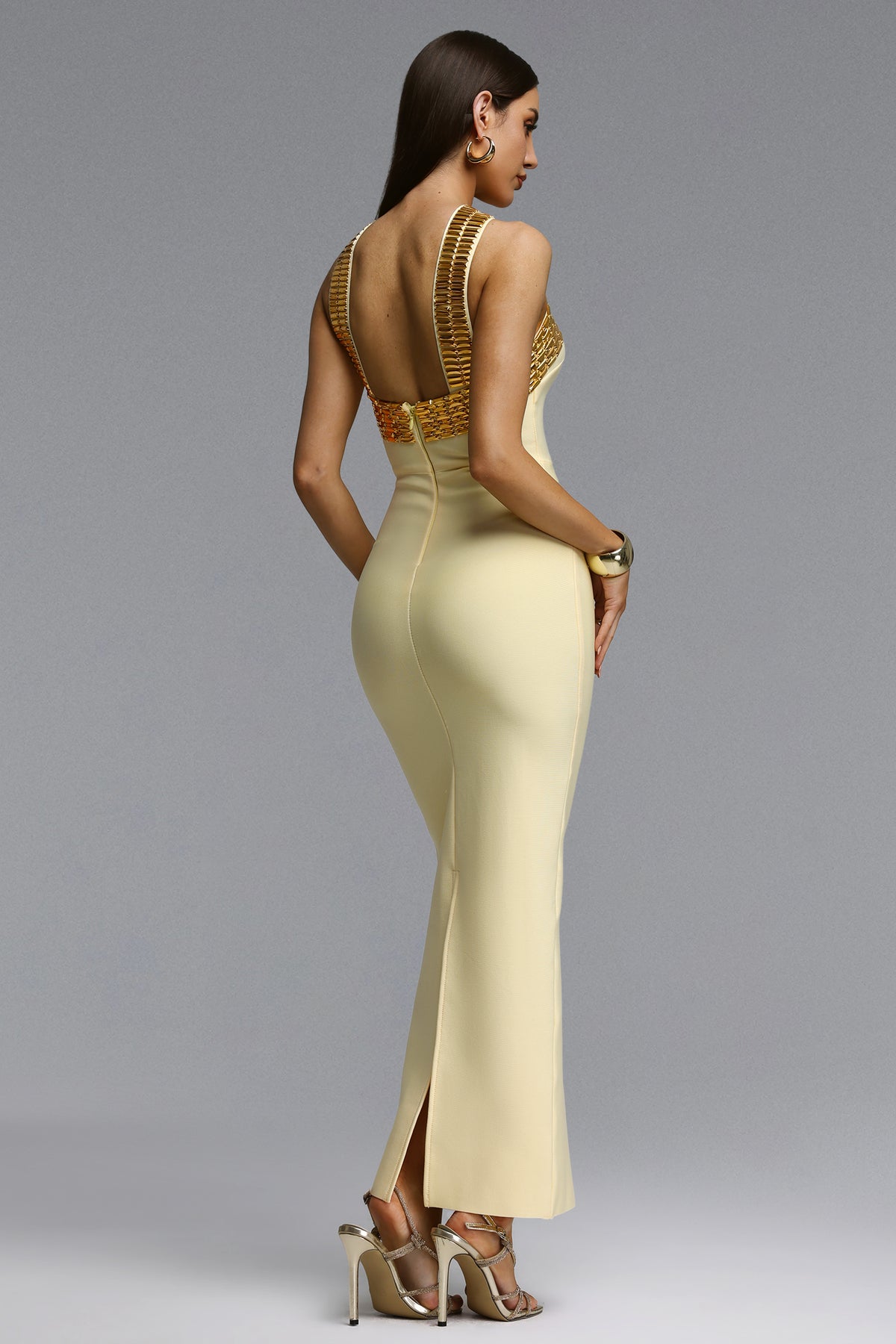 Riza Halter Rhinestone Bandage Maxi Dress – Yellow