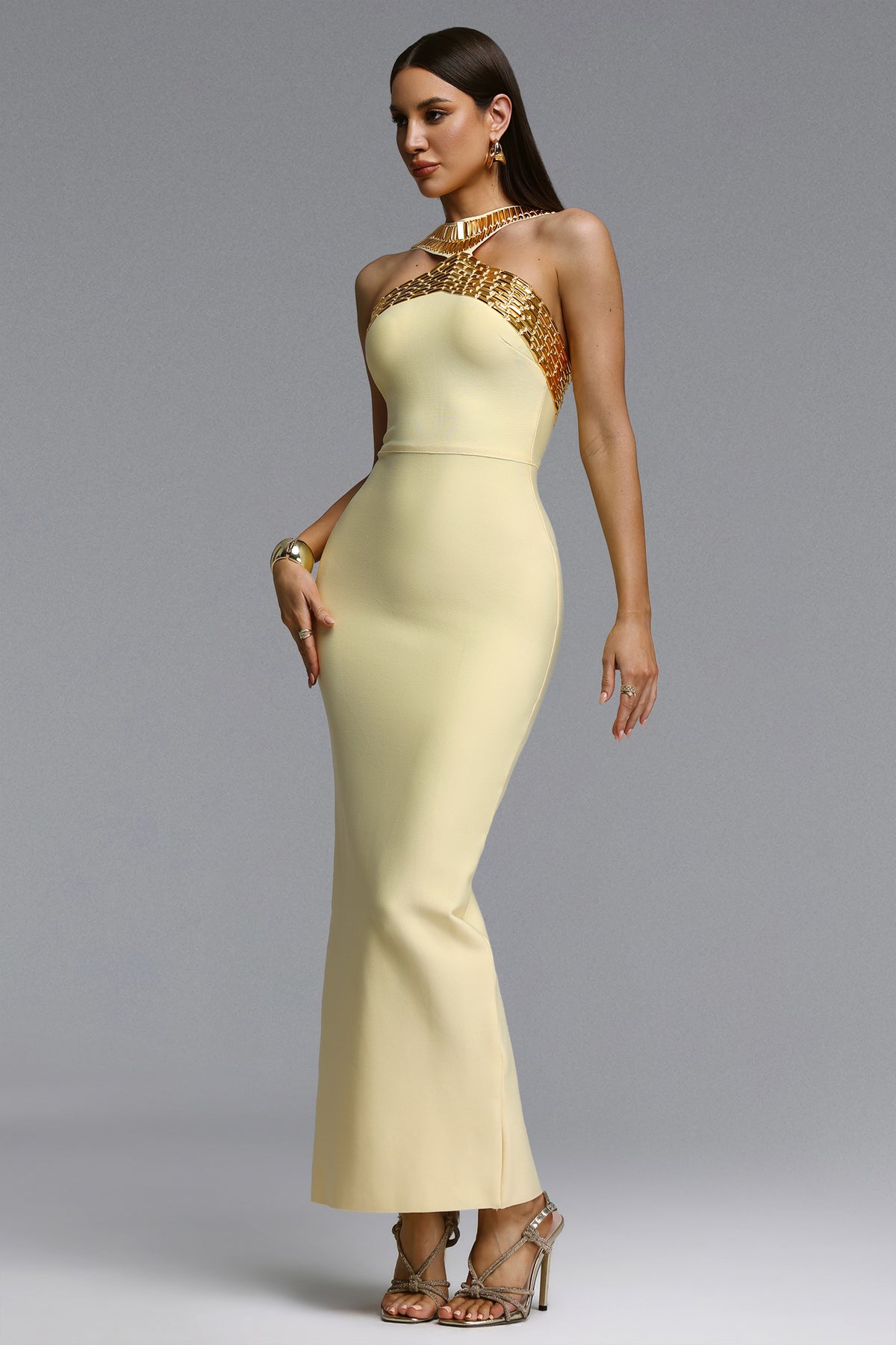 Riza Halter Rhinestone Bandage Maxi Dress – Yellow