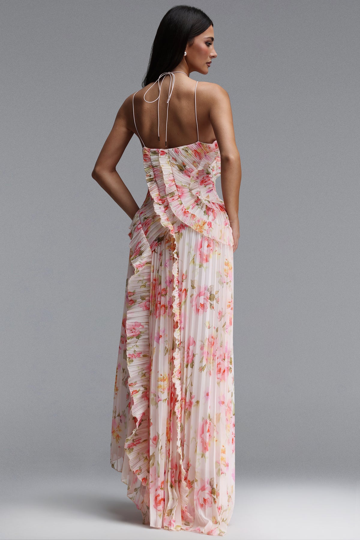 Elleri Flowy Sleeveless Pleated Ruffle Floral Print Woven Maxi Dress