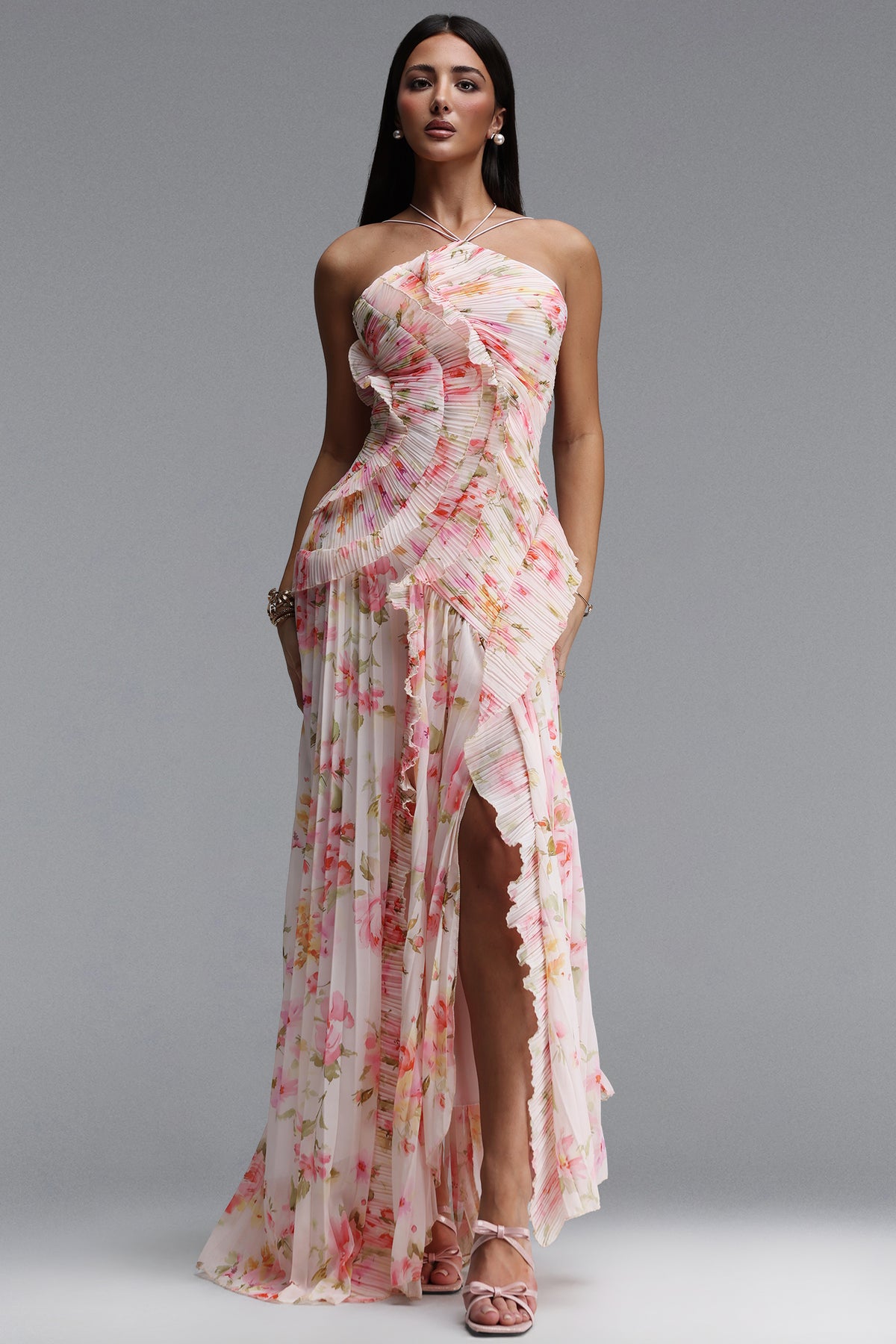 Elleri Flowy Sleeveless Pleated Ruffle Floral Print Woven Maxi Dress