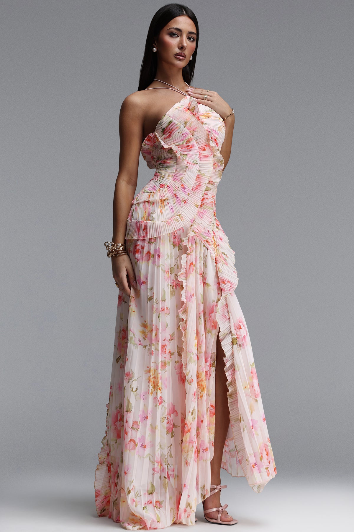 Elleri Flowy Sleeveless Pleated Ruffle Floral Print Woven Maxi Dress