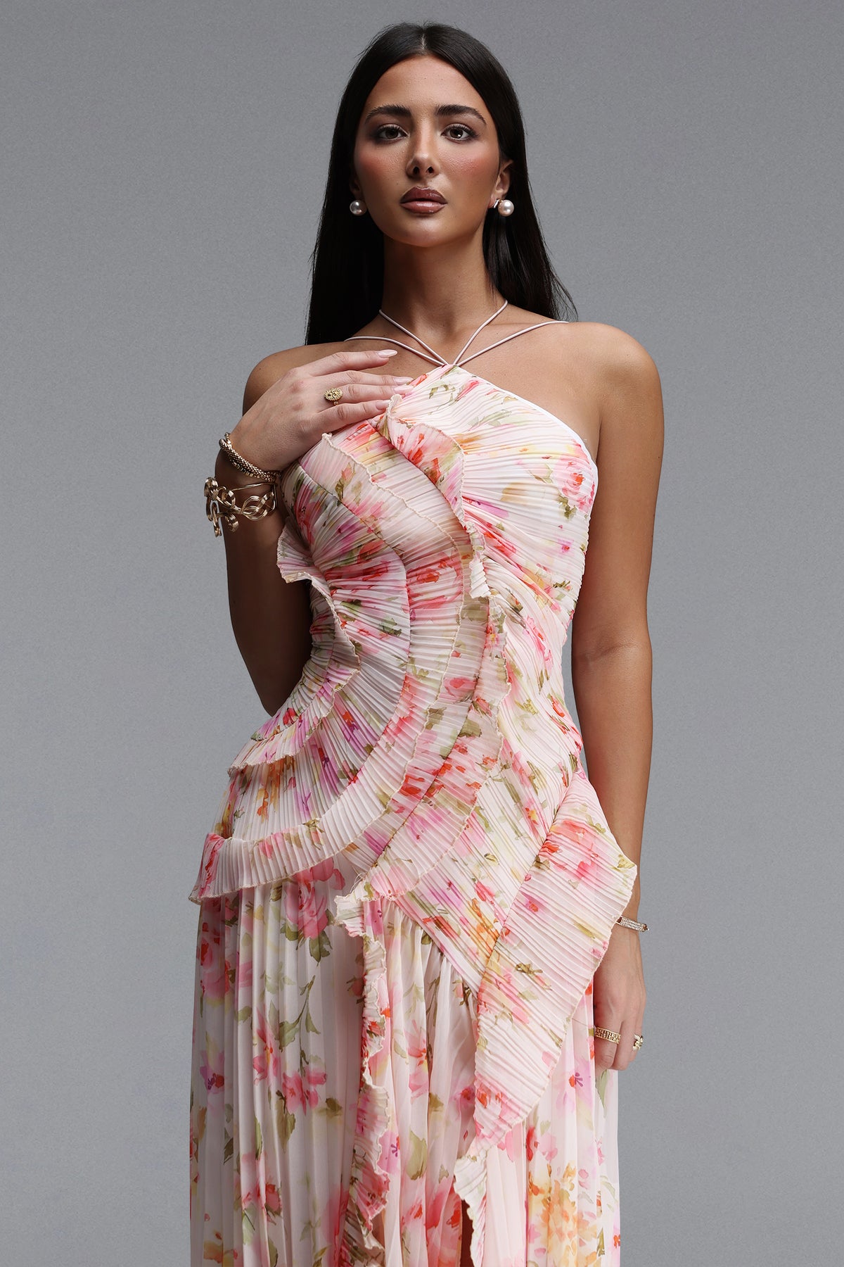 Elleri Flowy Sleeveless Pleated Ruffle Floral Print Woven Maxi Dress