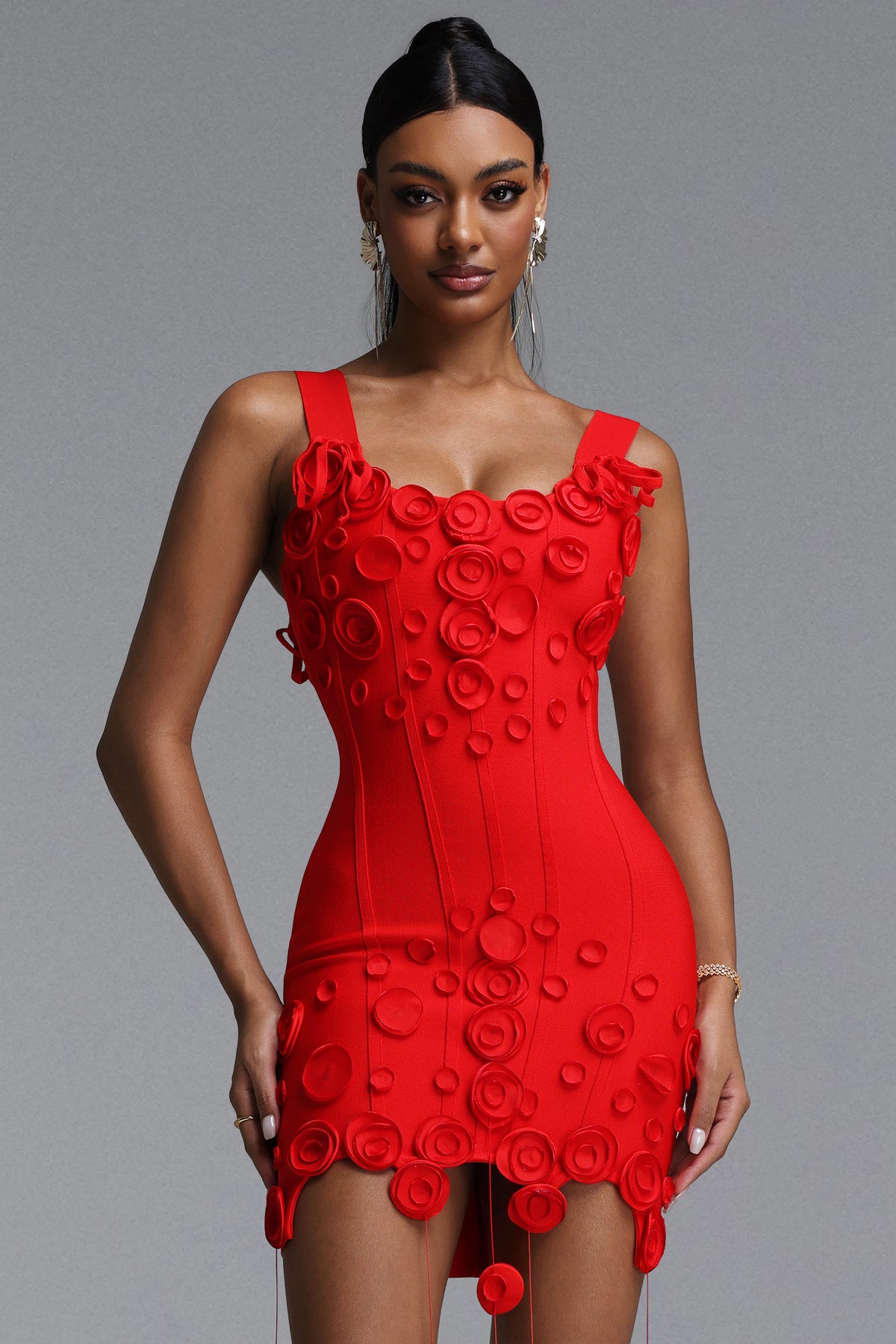 Jacova Wide Strap Floral Tassel Bodycon Bandage Mini Dress