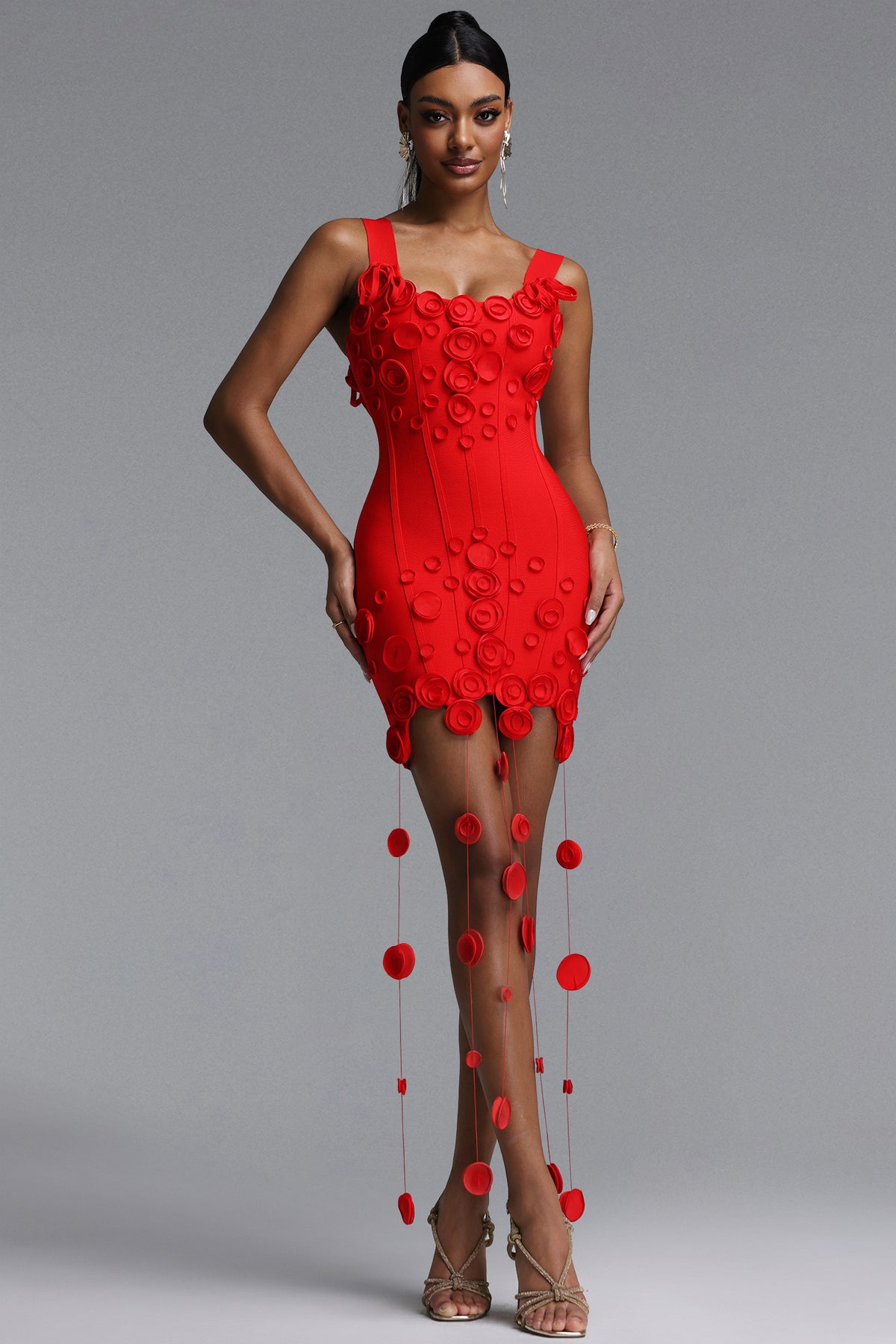 Jacova Wide Strap Floral Tassel Bodycon Bandage Mini Dress