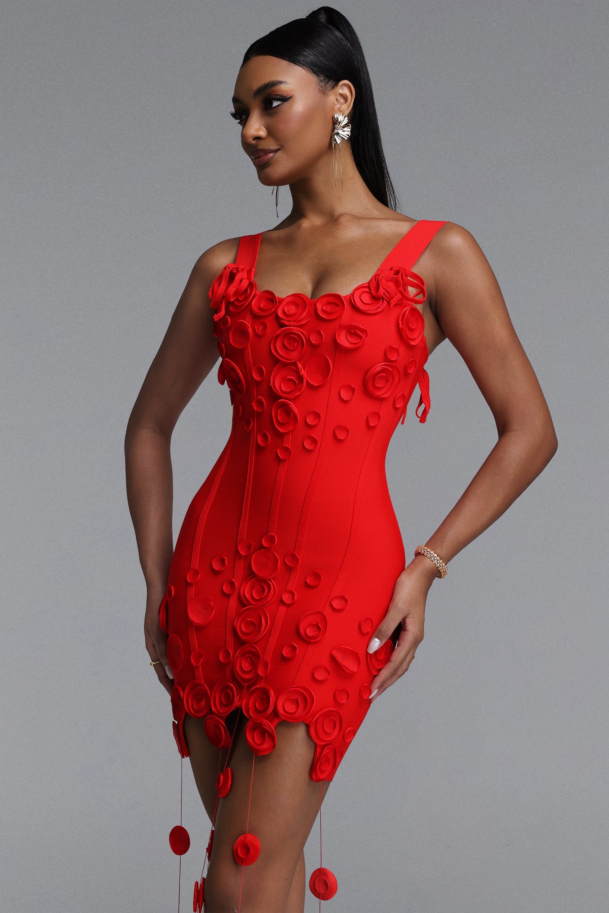 Jacova Wide Strap Floral Tassel Bodycon Bandage Mini Dress
