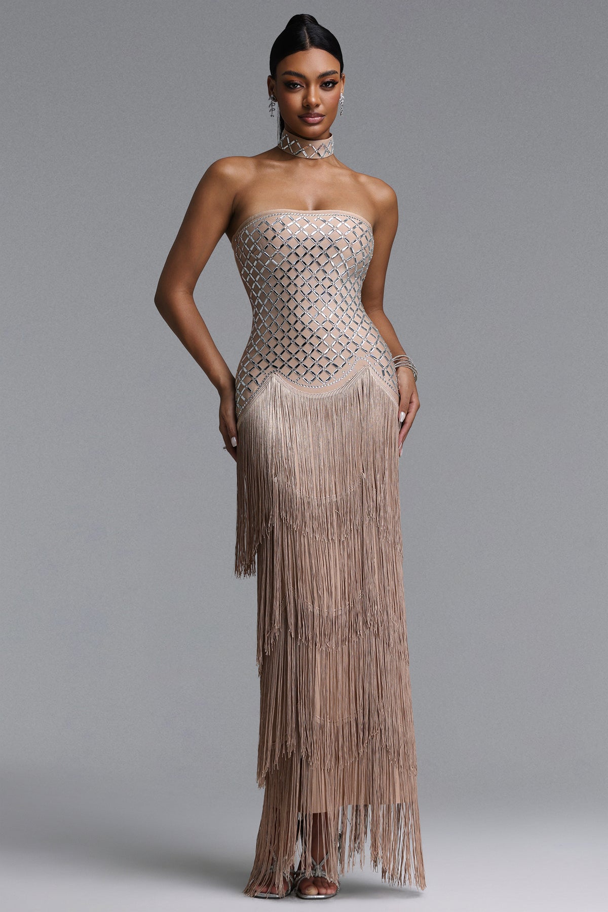 Nikki Strapless Rhinestone Fringe Midi Dress