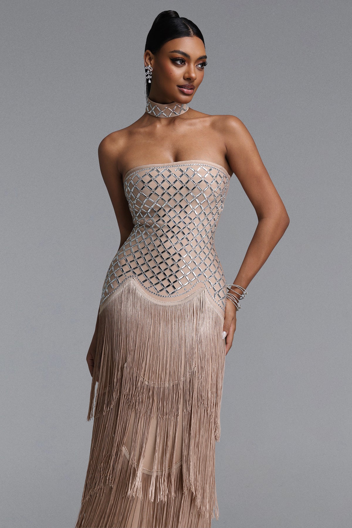 Nikki Strapless Rhinestone Fringe Midi Dress