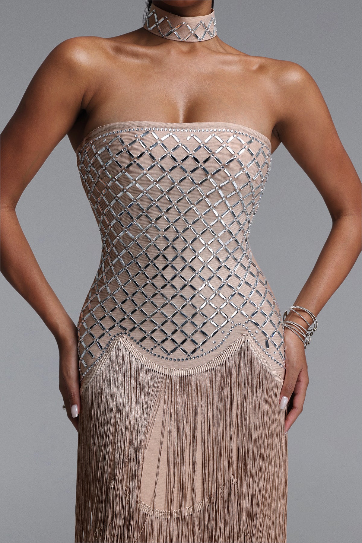 Nikki Elegant Contour Strapless Rhinestone Fringe Midi Dress