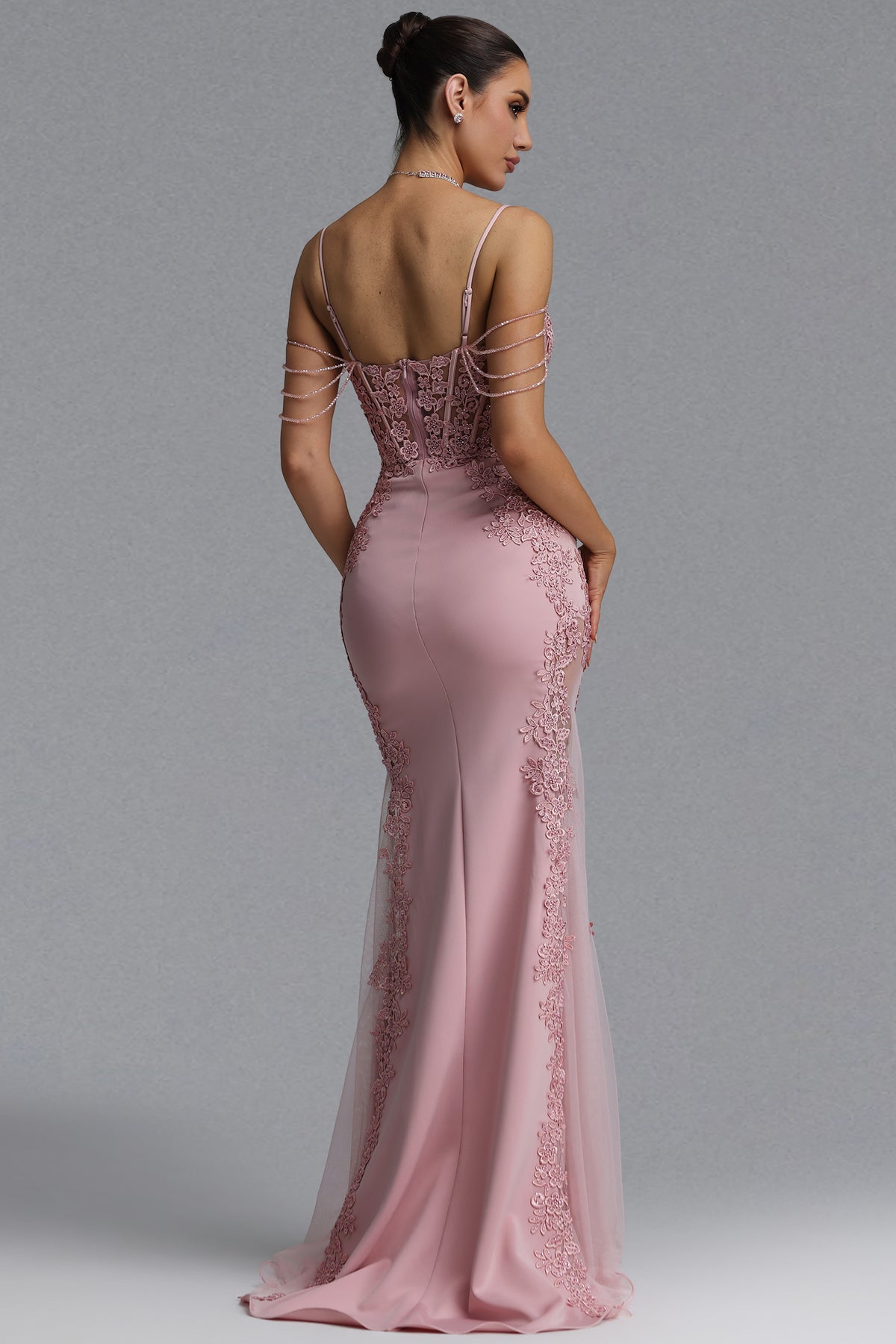 Encho Waist-Cinching Thin Strap V-Neck Off-Shoulder Tassel Lace Floral Mesh Bodycon Mermaid Maxi Evening Dress