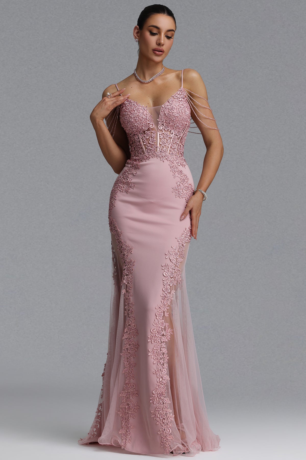 Encho Waist-Cinching Thin Strap V-Neck Off-Shoulder Tassel Lace Floral Mesh Bodycon Mermaid Maxi Evening Dress