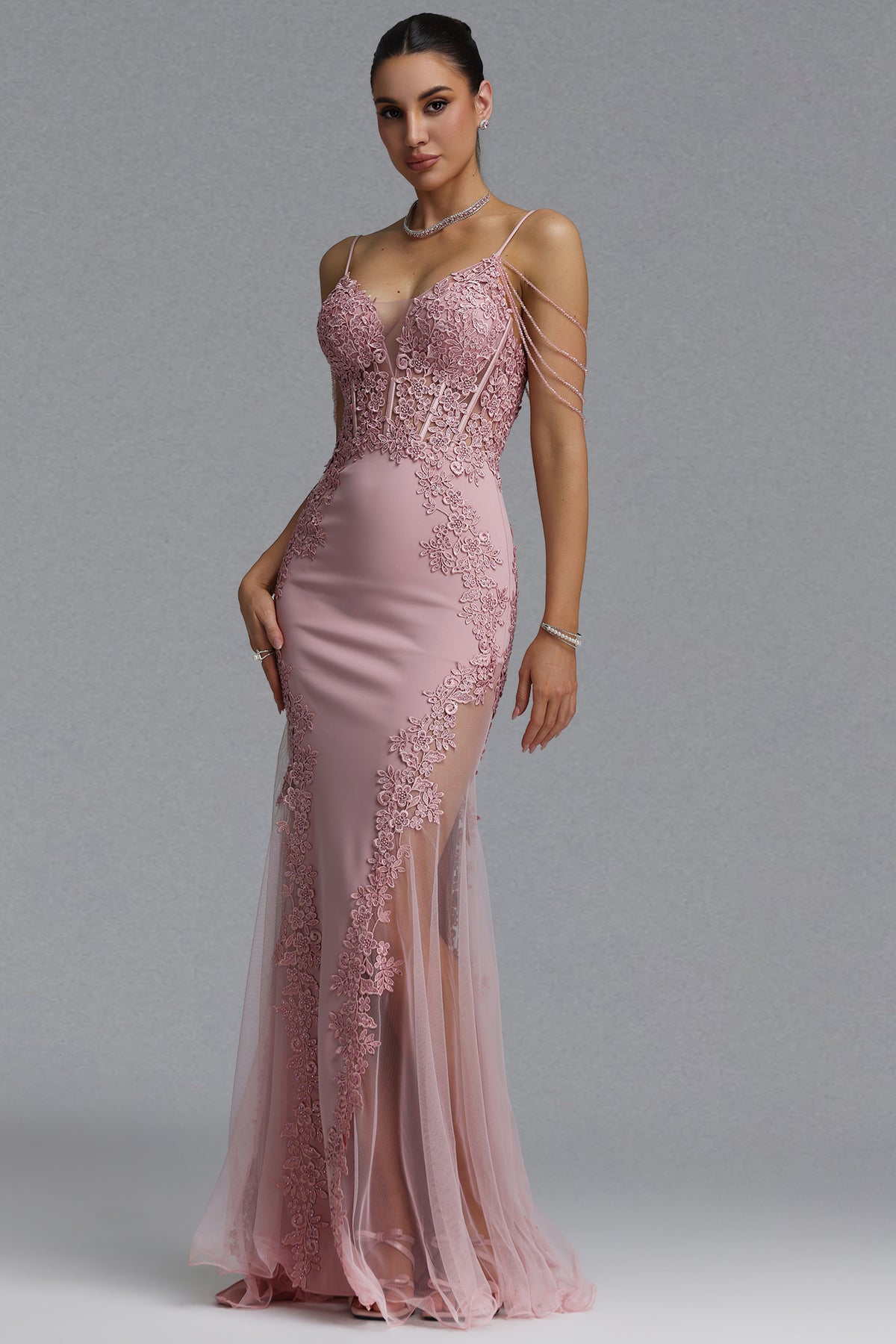Encho Waist-Cinching Thin Strap V-Neck Off-Shoulder Tassel Lace Floral Mesh Bodycon Mermaid Maxi Evening Dress