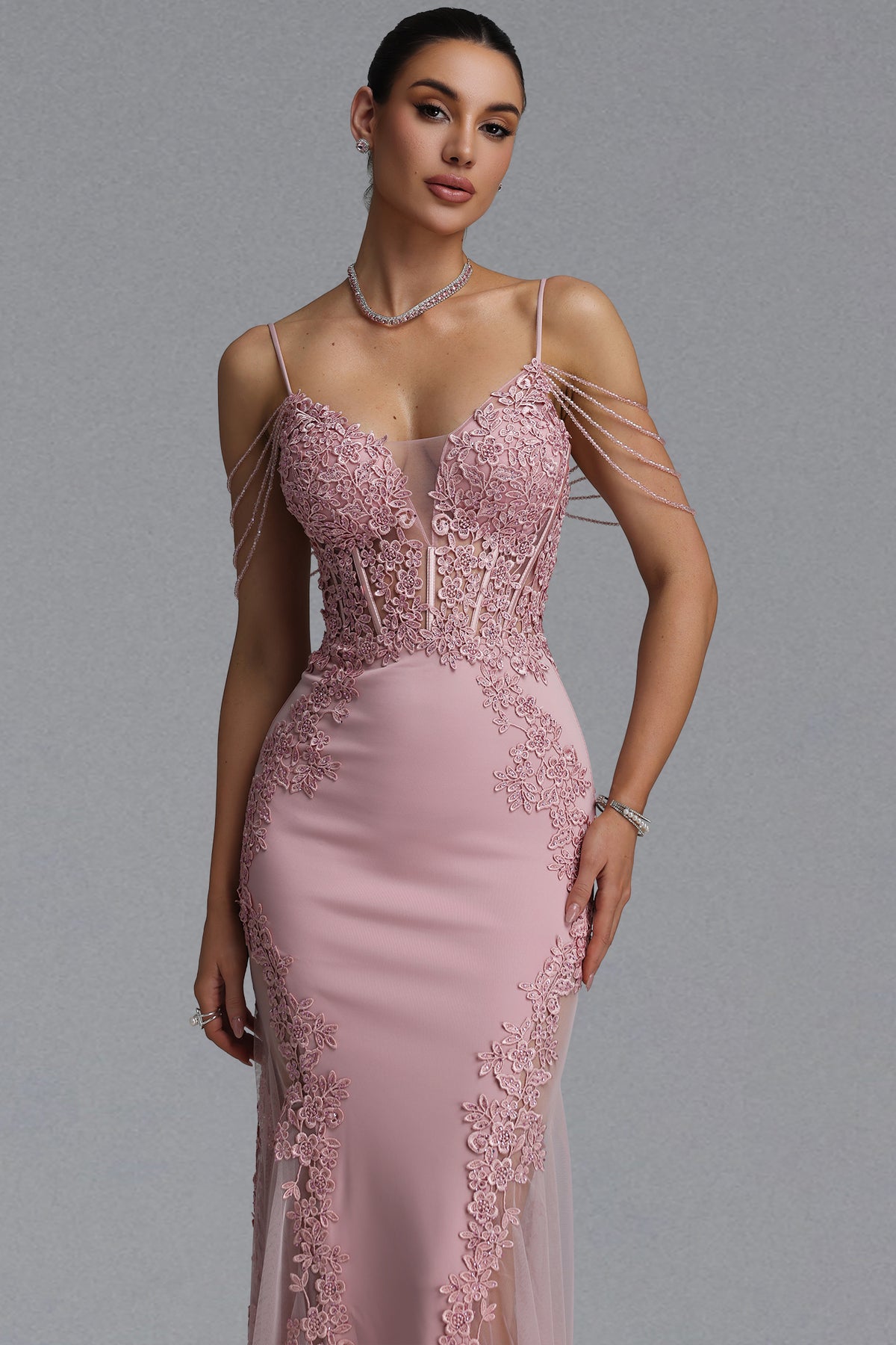 Encho Waist-Cinching Thin Strap V-Neck Off-Shoulder Tassel Lace Floral Mesh Bodycon Mermaid Maxi Evening Dress