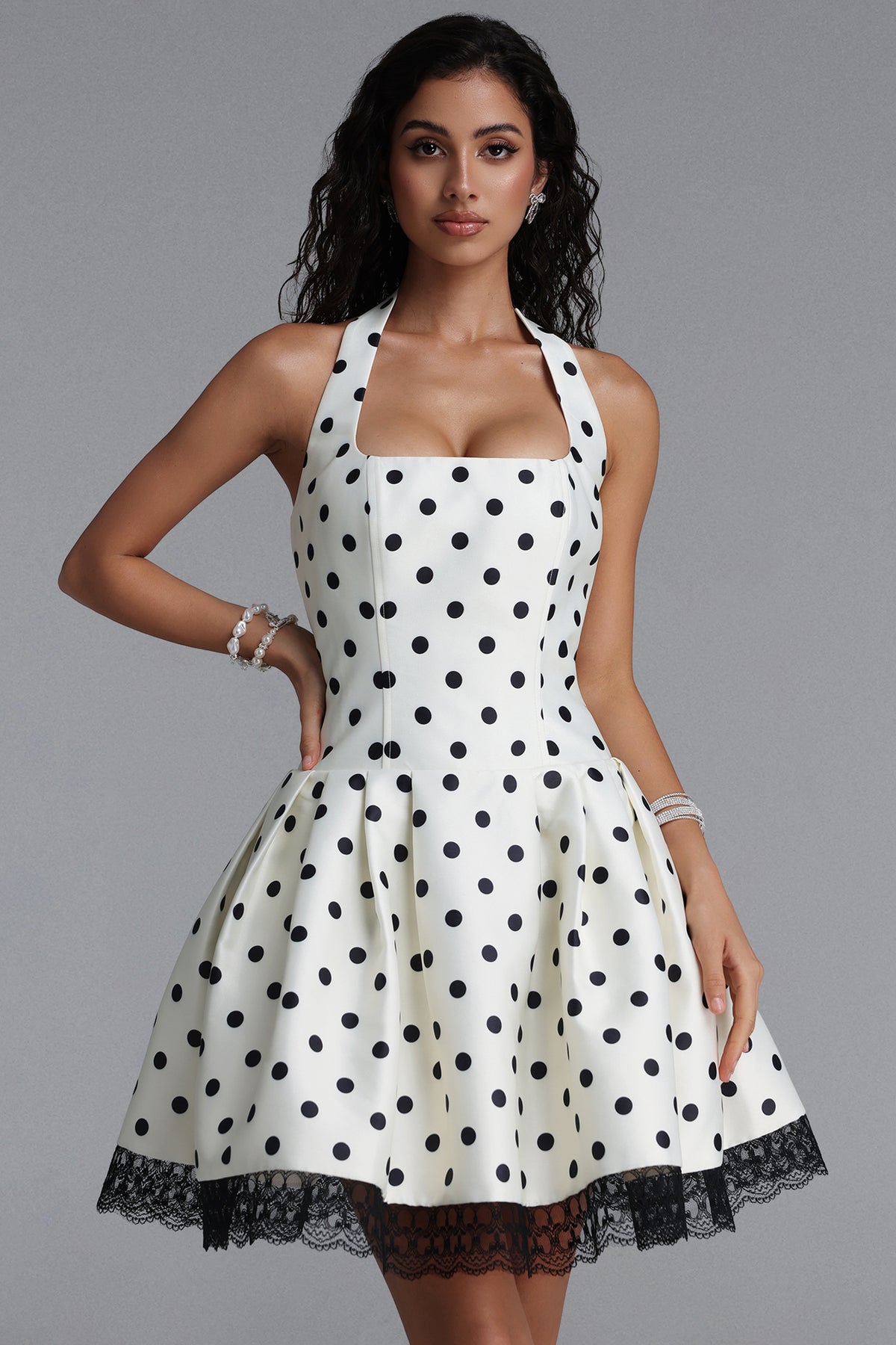 Rizza Square Neck Lace Trimmed Polka Dot Woven Mini Dress