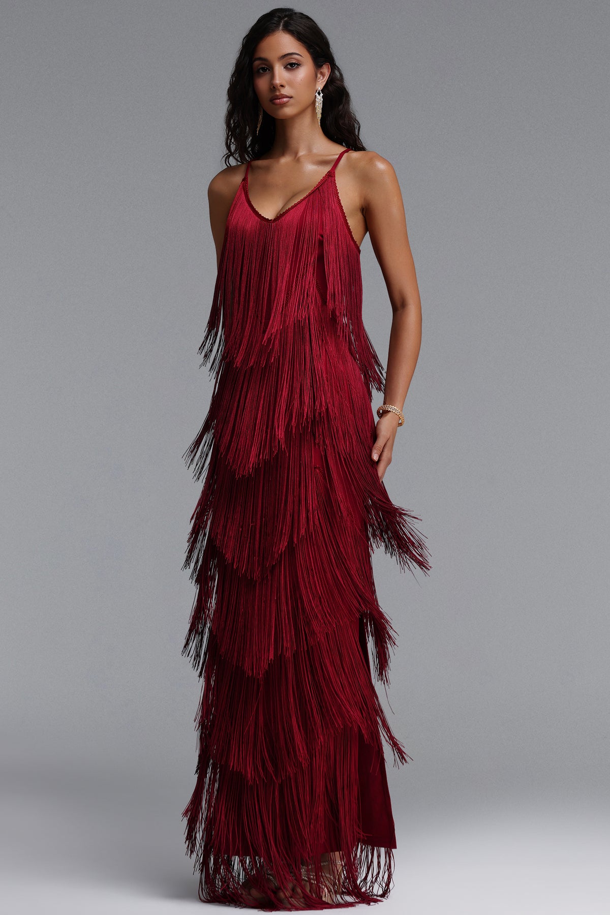 Alex V Neck Layered Fringe Bandage Maxi Dress – Red