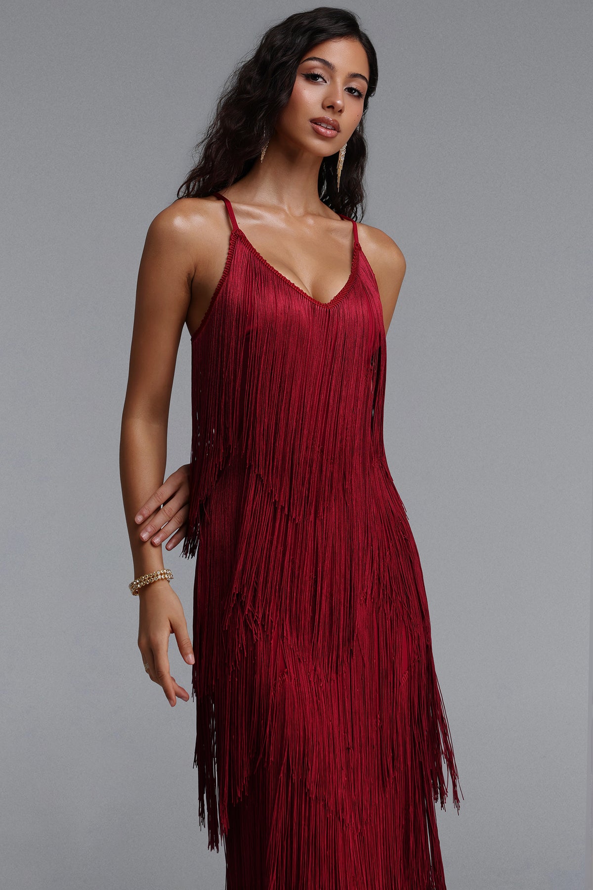 Alex V Neck Layered Fringe Bandage Maxi Dress – Red