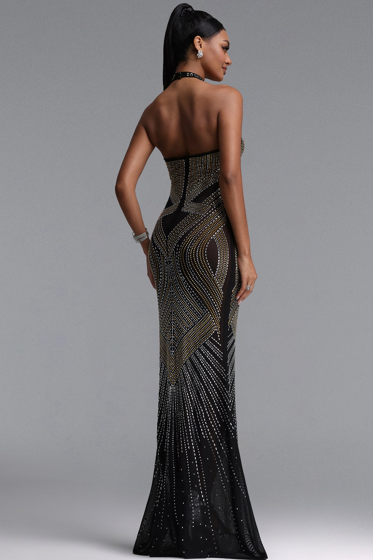 Zelda Halter Sleeveless Rhinestone Stretch Knit Maxi Dress