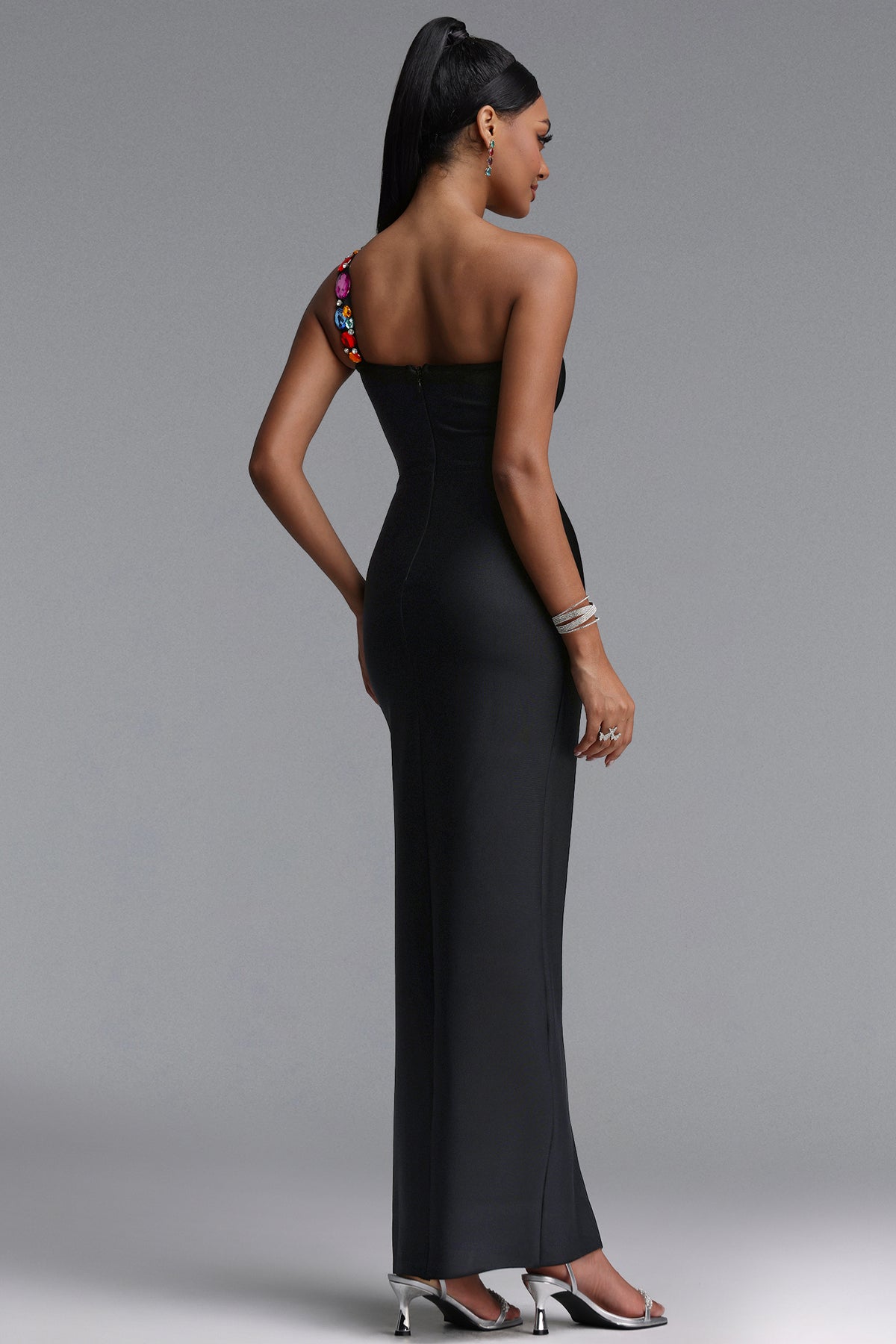 Gacia One Shoulder Color Rhinestone Slit Maxi Bandage Dress