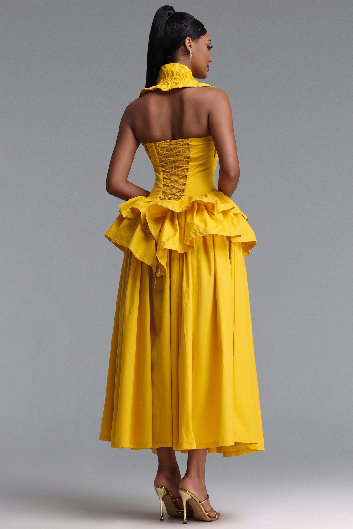 Shea Waist-Cinched Halter Neck Ruffled Maxi Dress