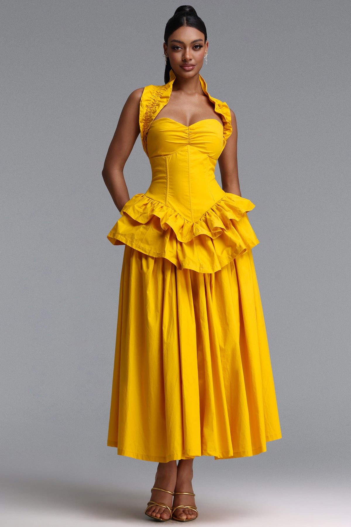 Shea Waist-Cinched Halter Neck Ruffled Maxi Dress
