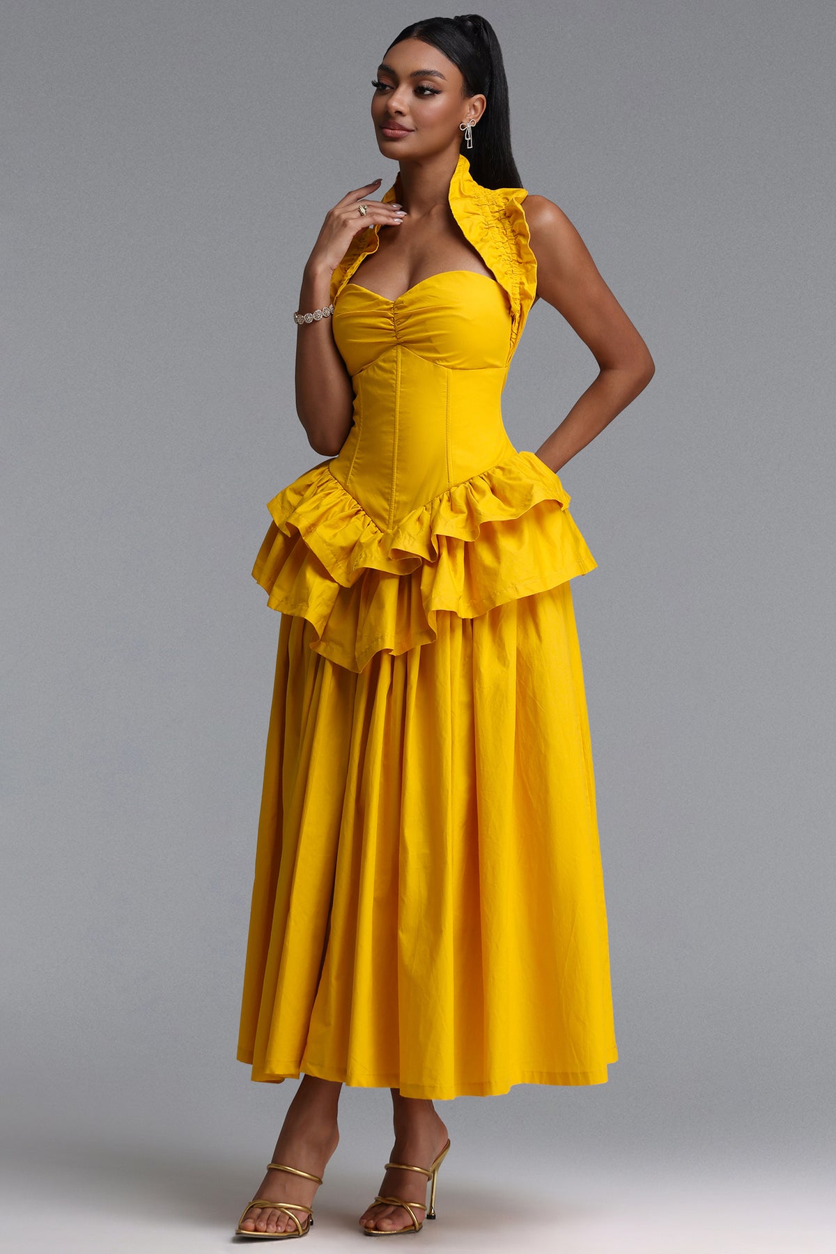 Shea Waist-Cinched Halter Neck Ruffled Maxi Dress