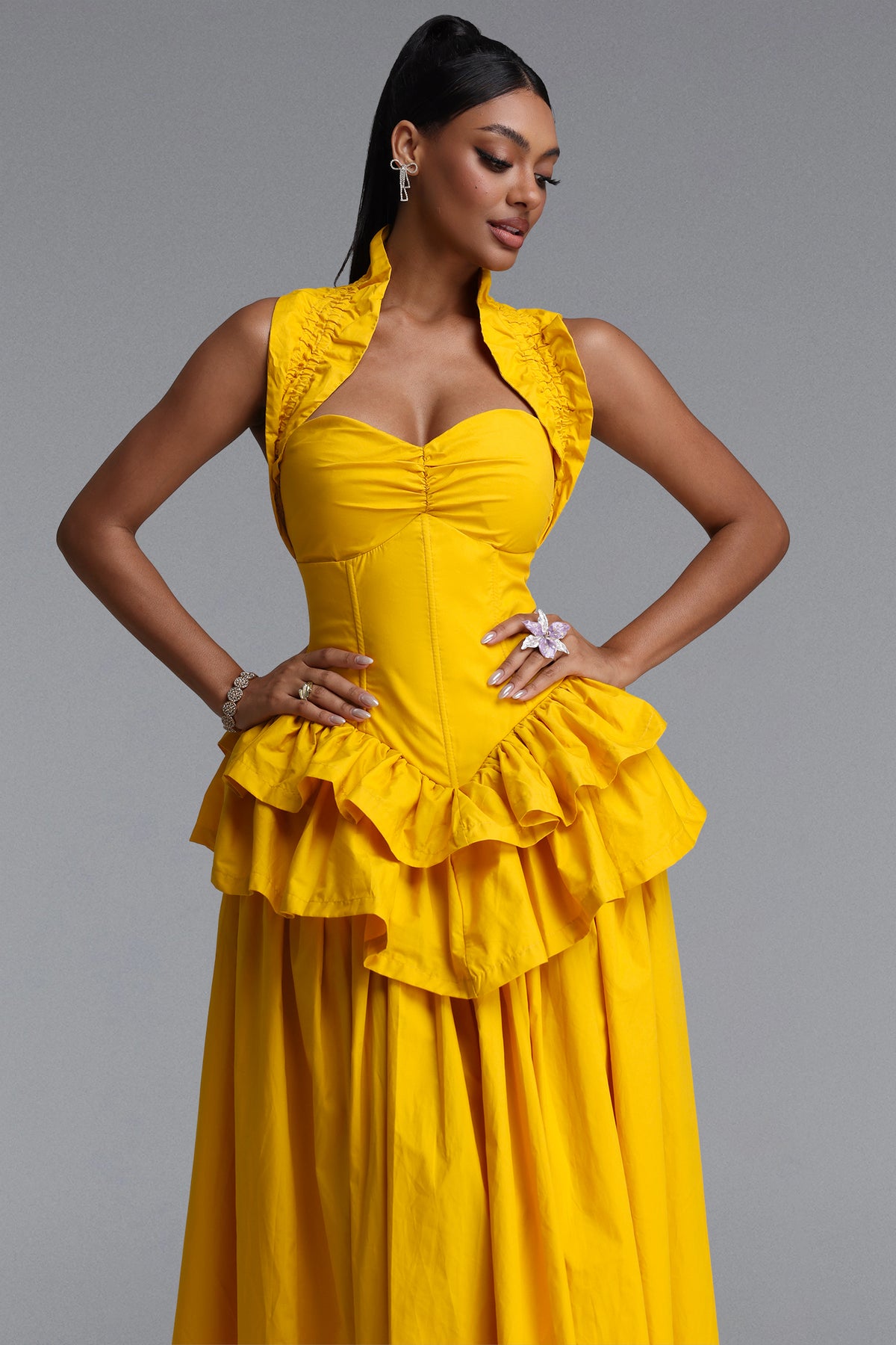 Shea Waist-Cinched Halter Neck Ruffled Maxi Dress