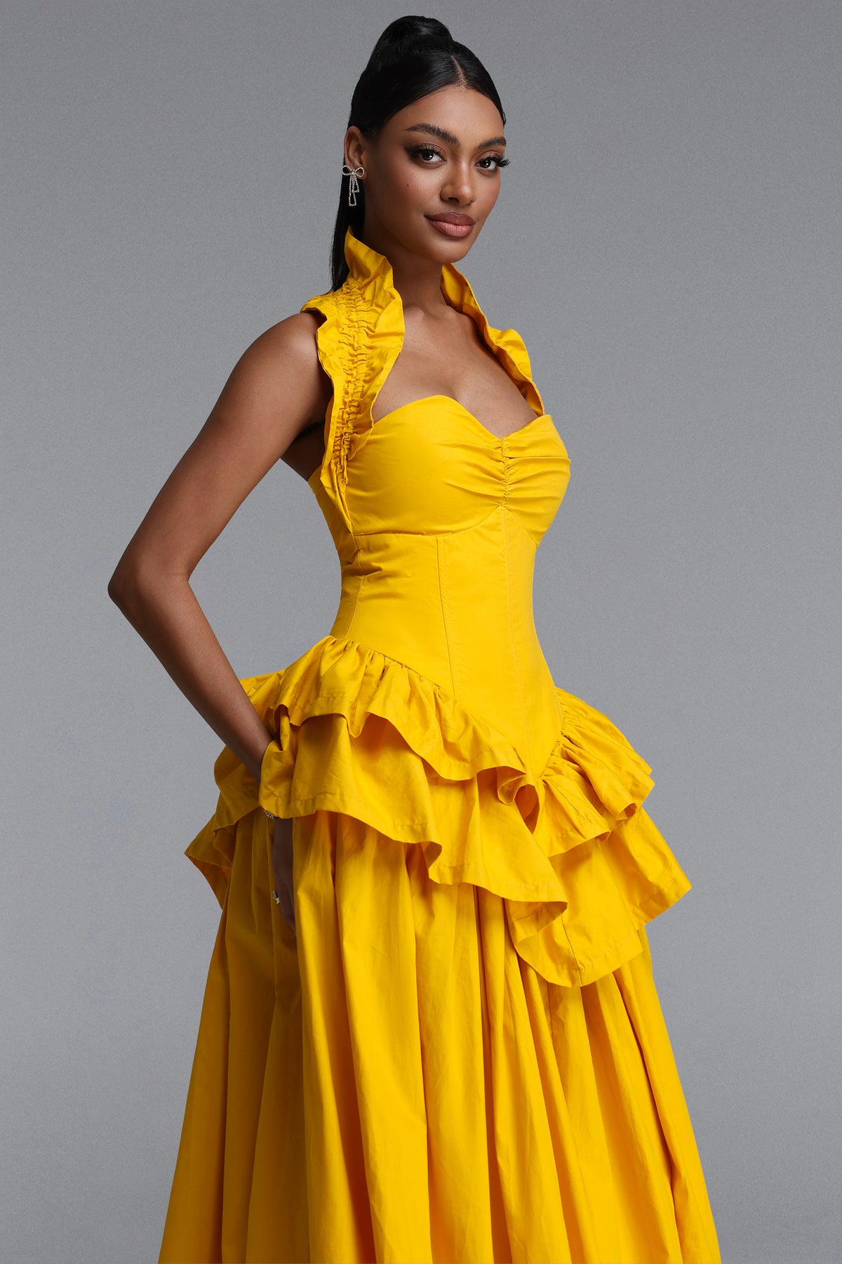 Shea Waist-Cinched Halter Neck Ruffled Maxi Dress