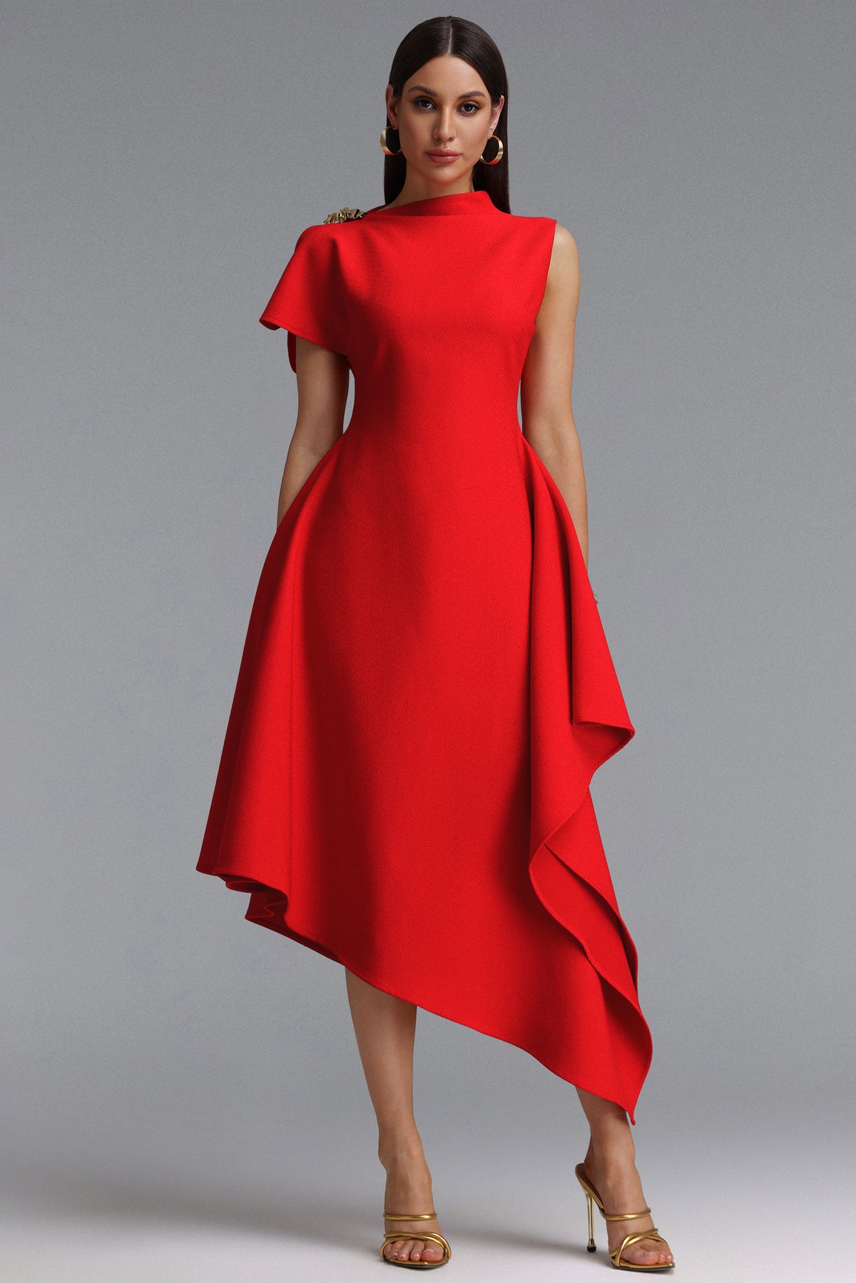 Weren High Neck Asymmetric Maxi Dress – Red