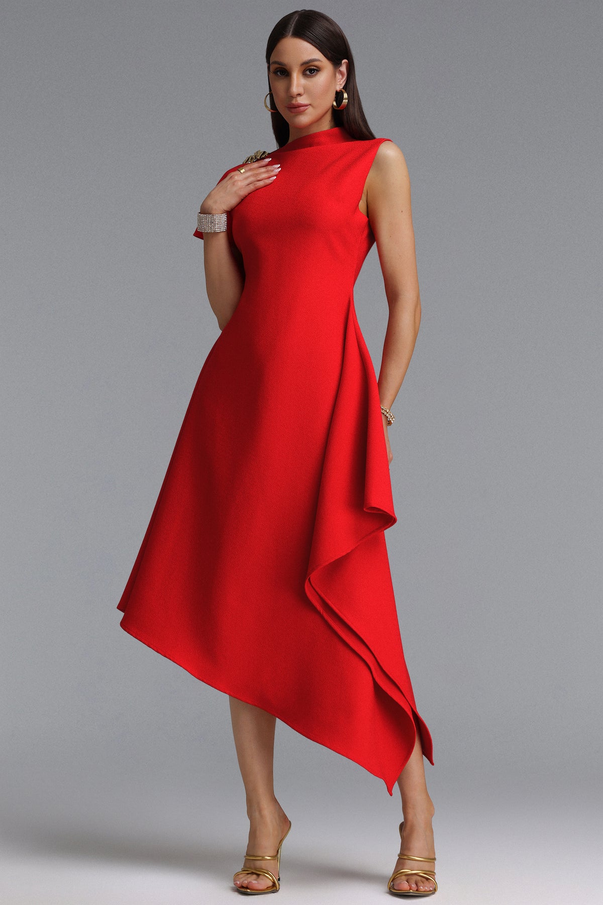 Weren High Neck Asymmetric Maxi Dress – Red