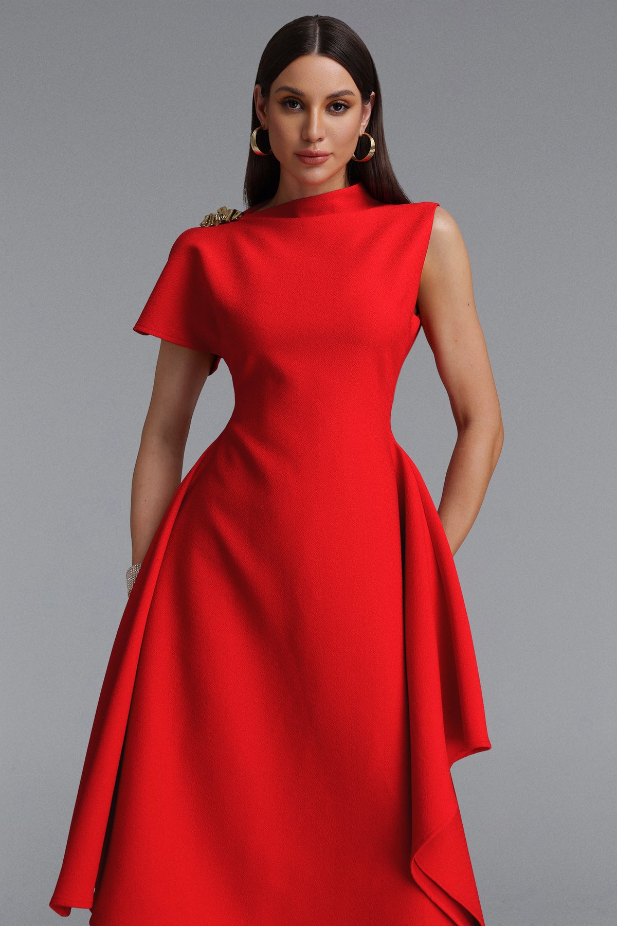 Weren Elegant Contour High Neck Asymmetric Red Maxi Dress