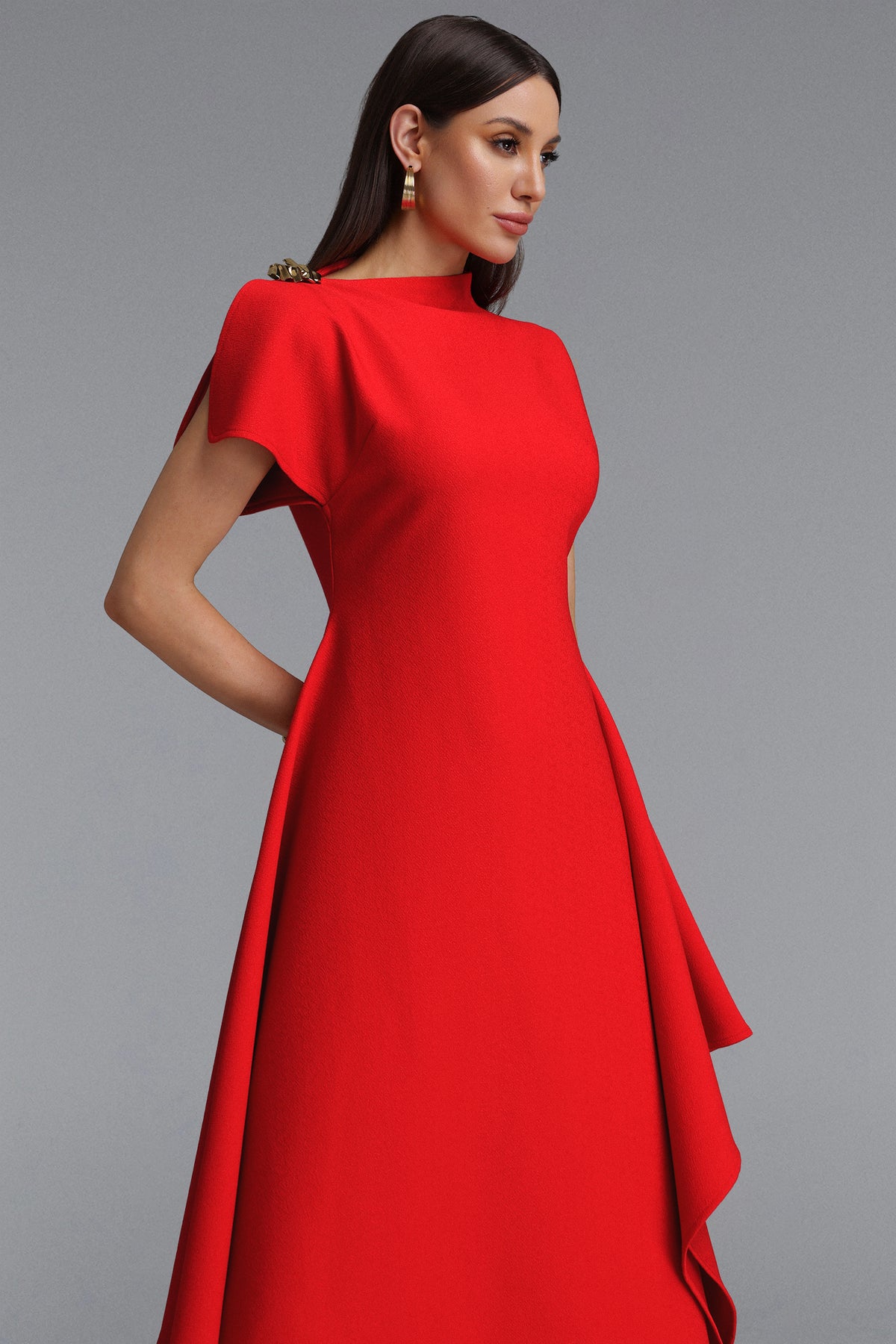 Weren High Neck Asymmetric Maxi Dress – Red