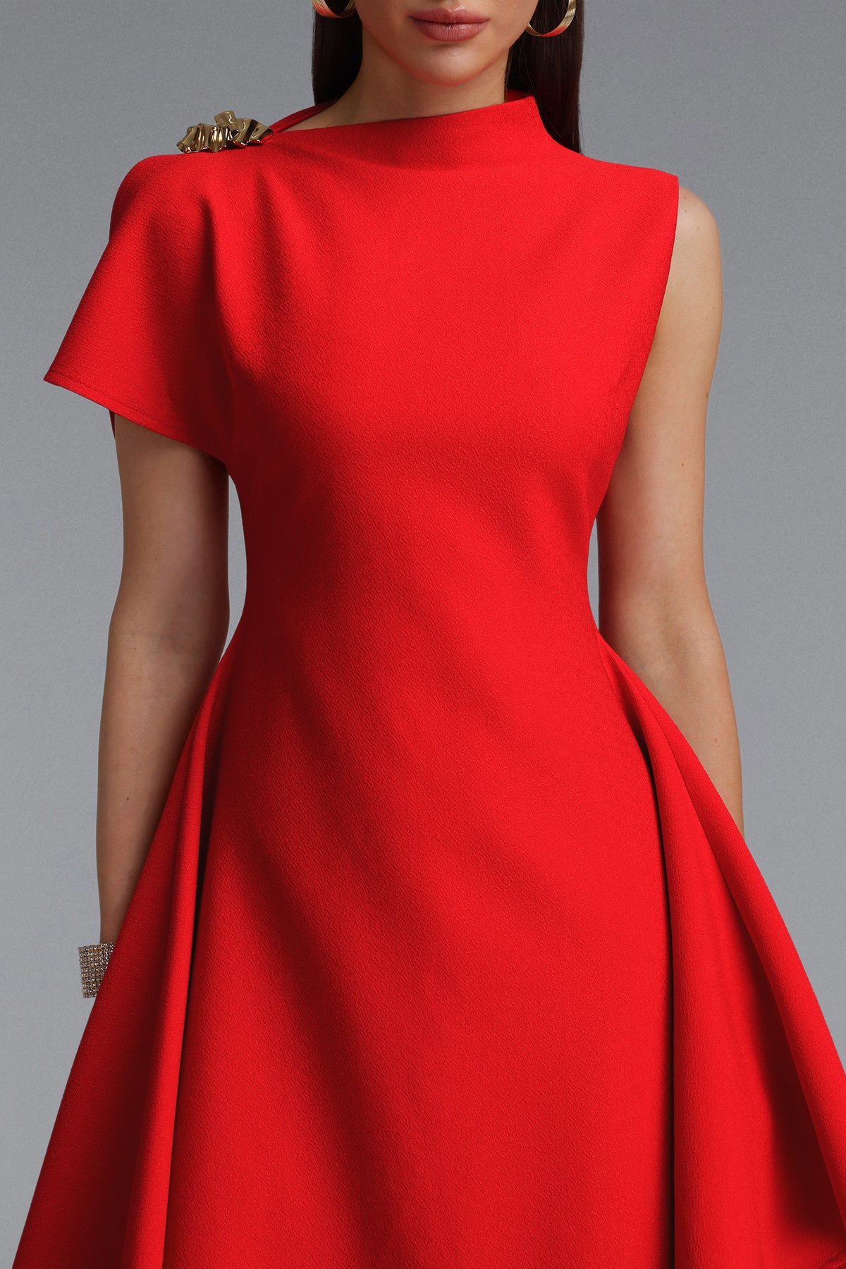 Weren High Neck Asymmetric Maxi Dress – Red