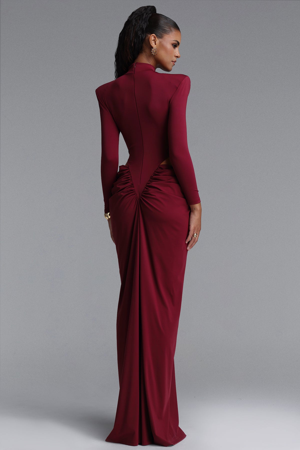 Elliott High Neck Padded Shoulder Cut Out Ruched Maxi Dress