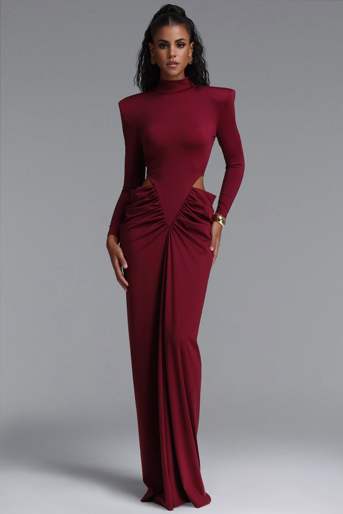 Elliott High Neck Padded Shoulder Cut Out Ruched Maxi Dress