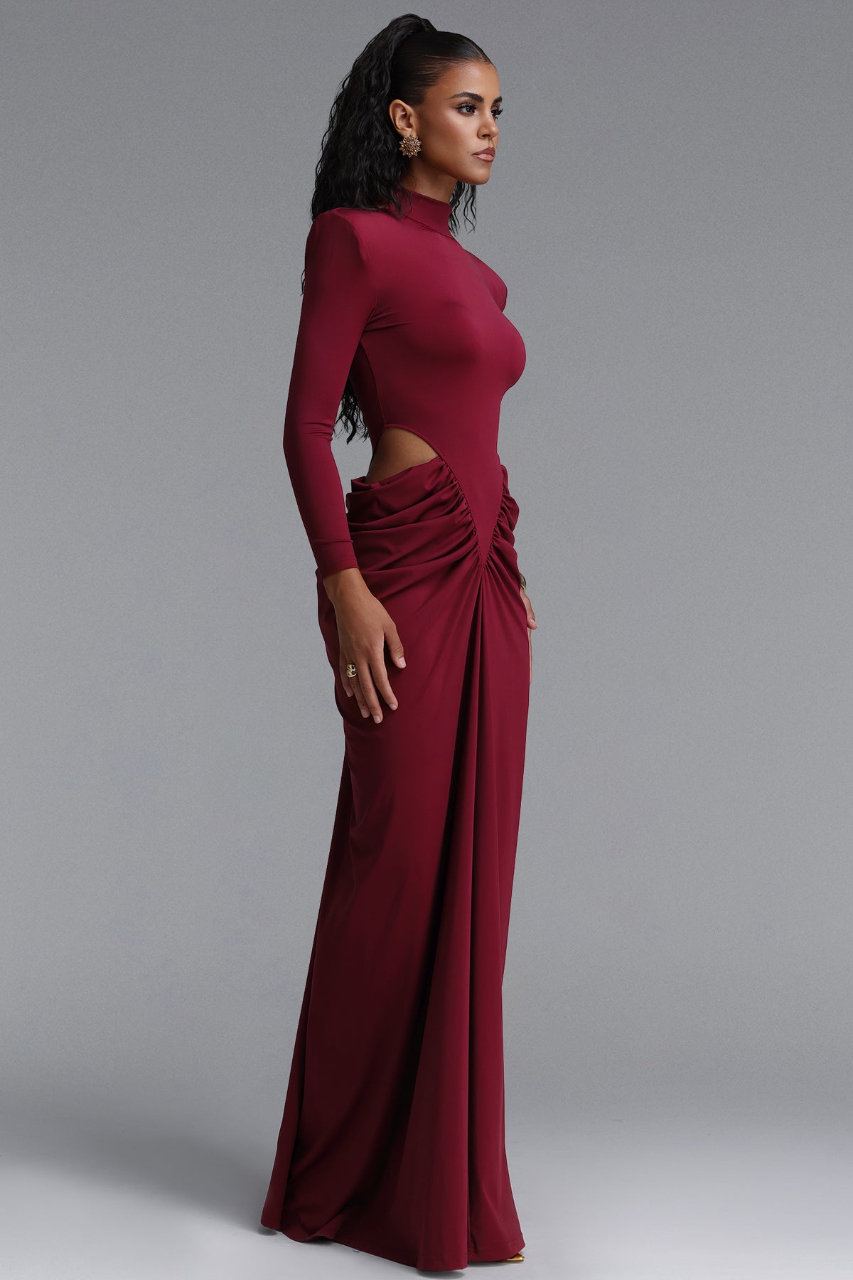 Elliott High Neck Padded Shoulder Cut Out Ruched Maxi Dress