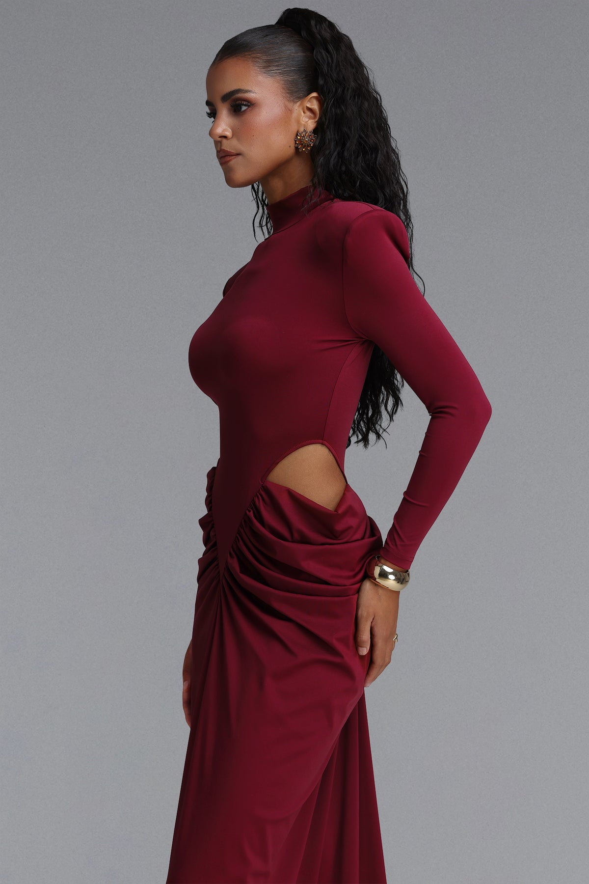 Elliott High Neck Padded Shoulder Cut Out Ruched Maxi Dress
